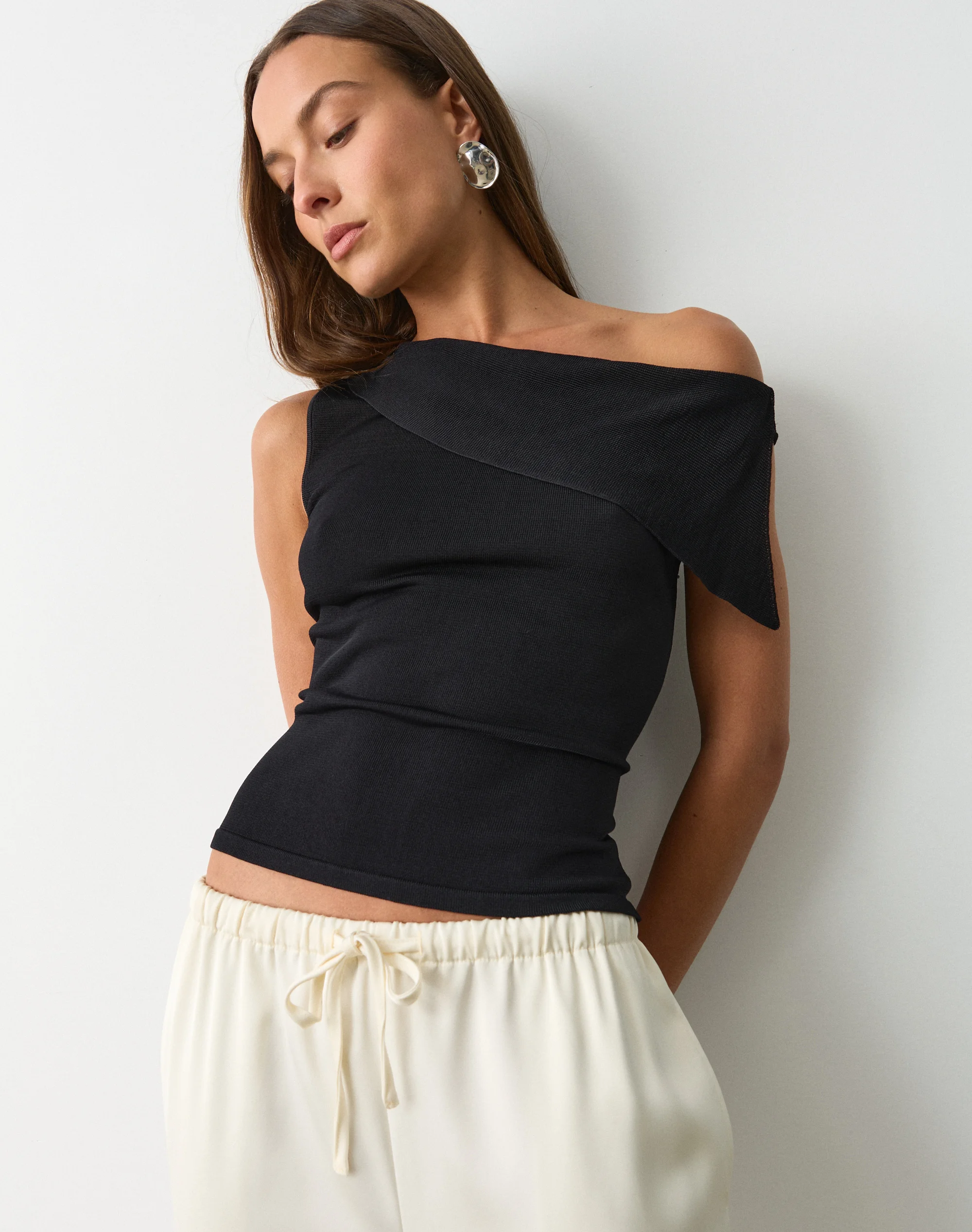 Off Shoulder Drape Knit Top Black