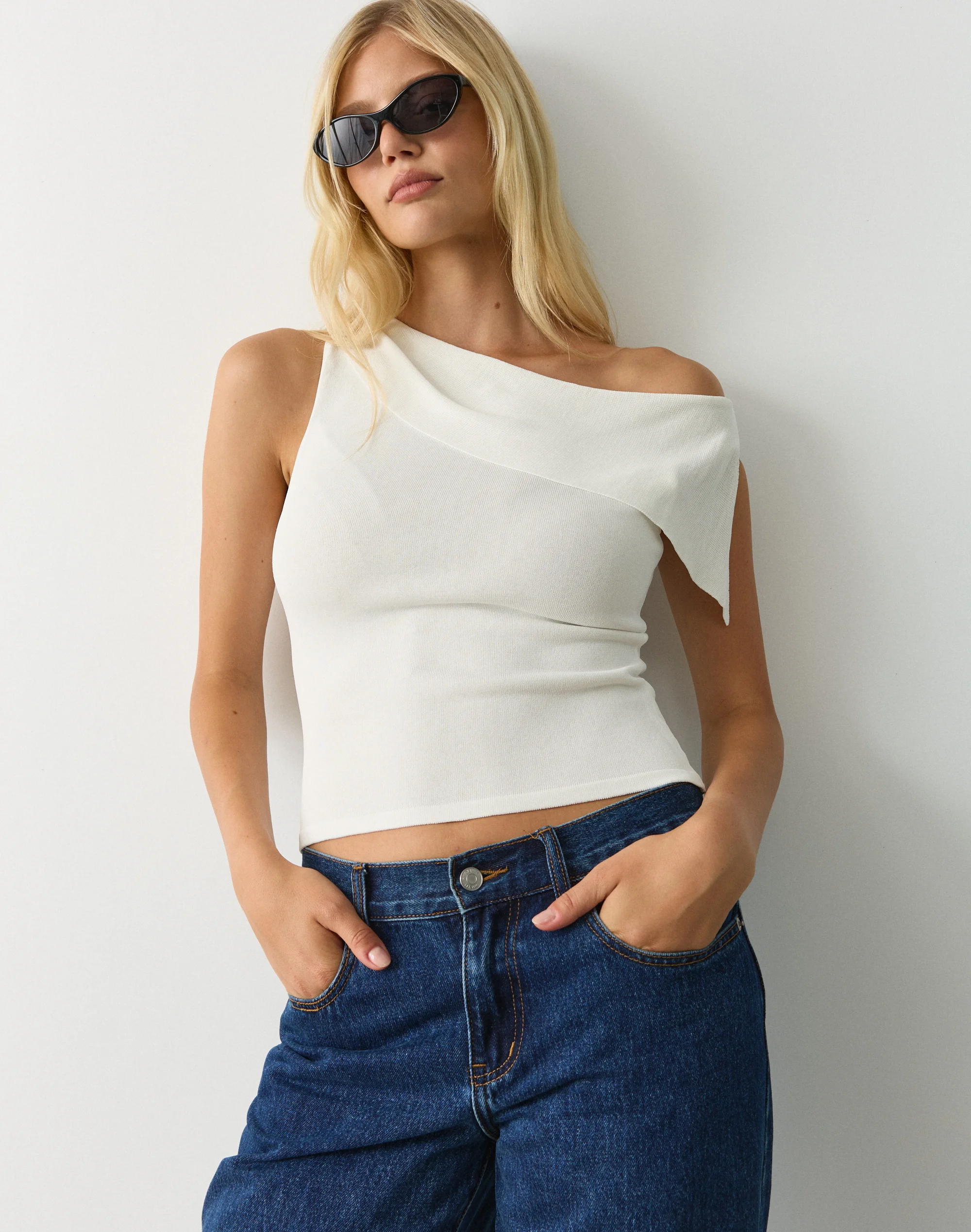 Off Shoulder Drape Knit Top Milk