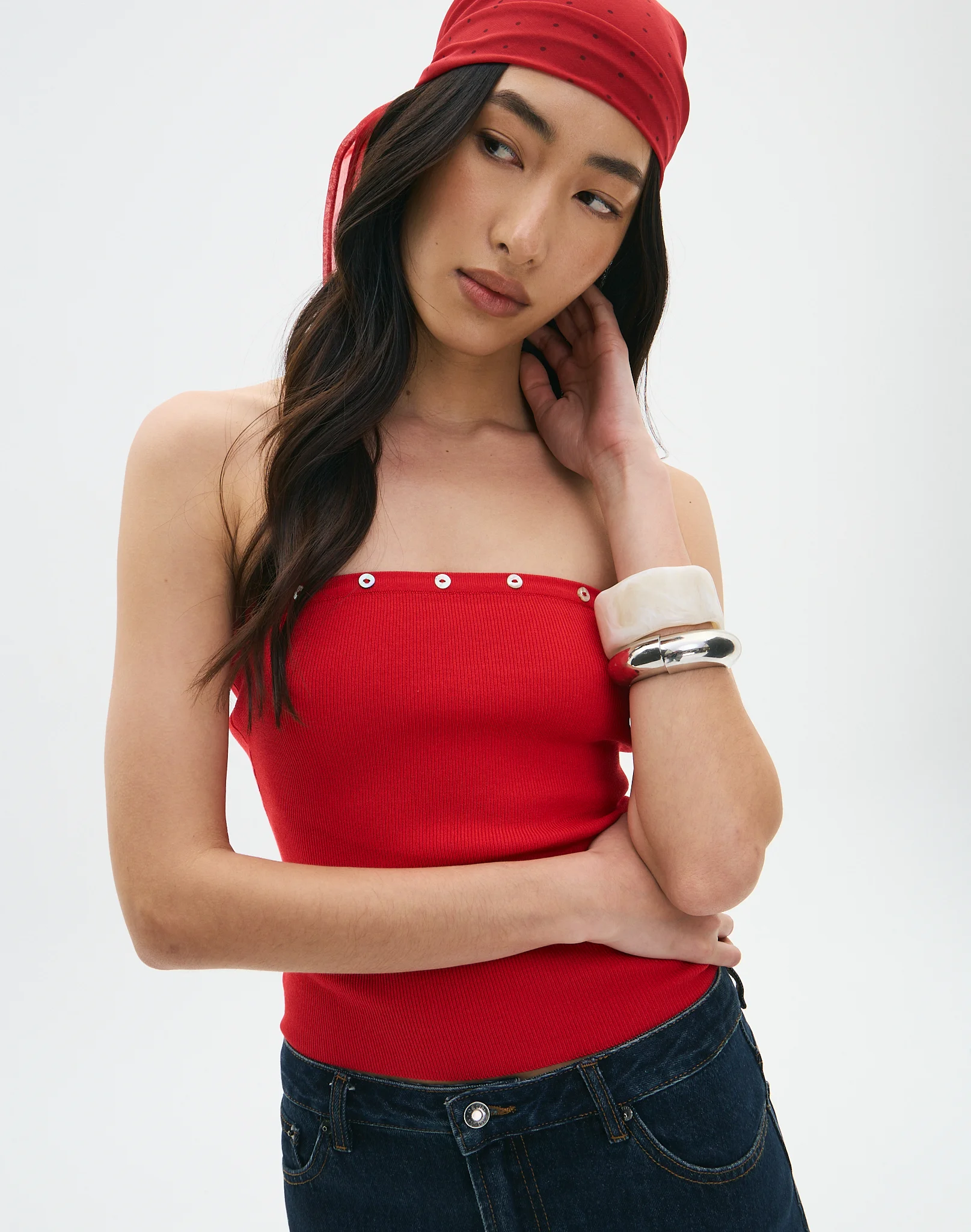 Shell Button Strapless Knit Top Get Reddy