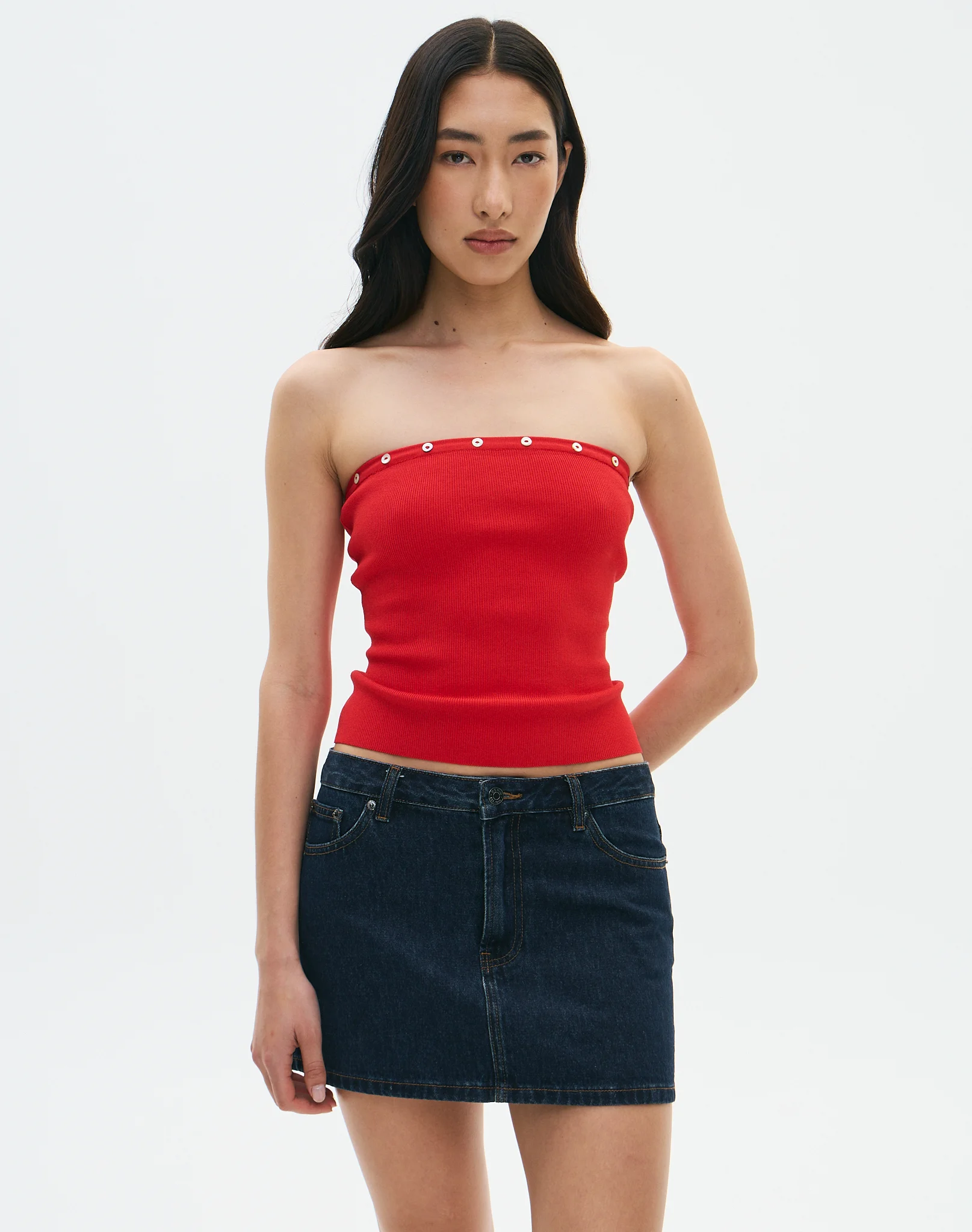 Shell Button Strapless Knit Top Get Reddy