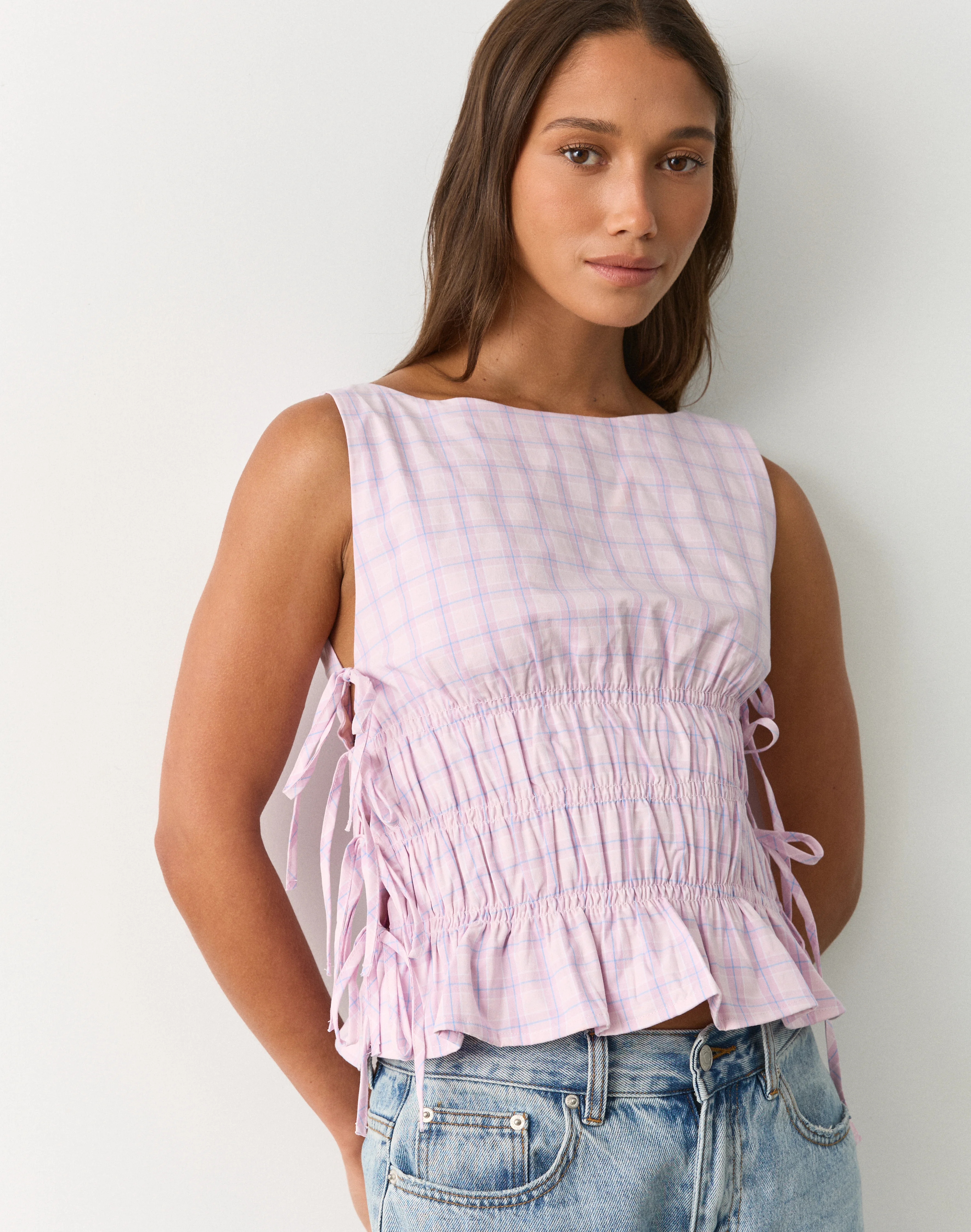 Gingham Tie Side Shirred Blouse Romance Mystery Tama Check