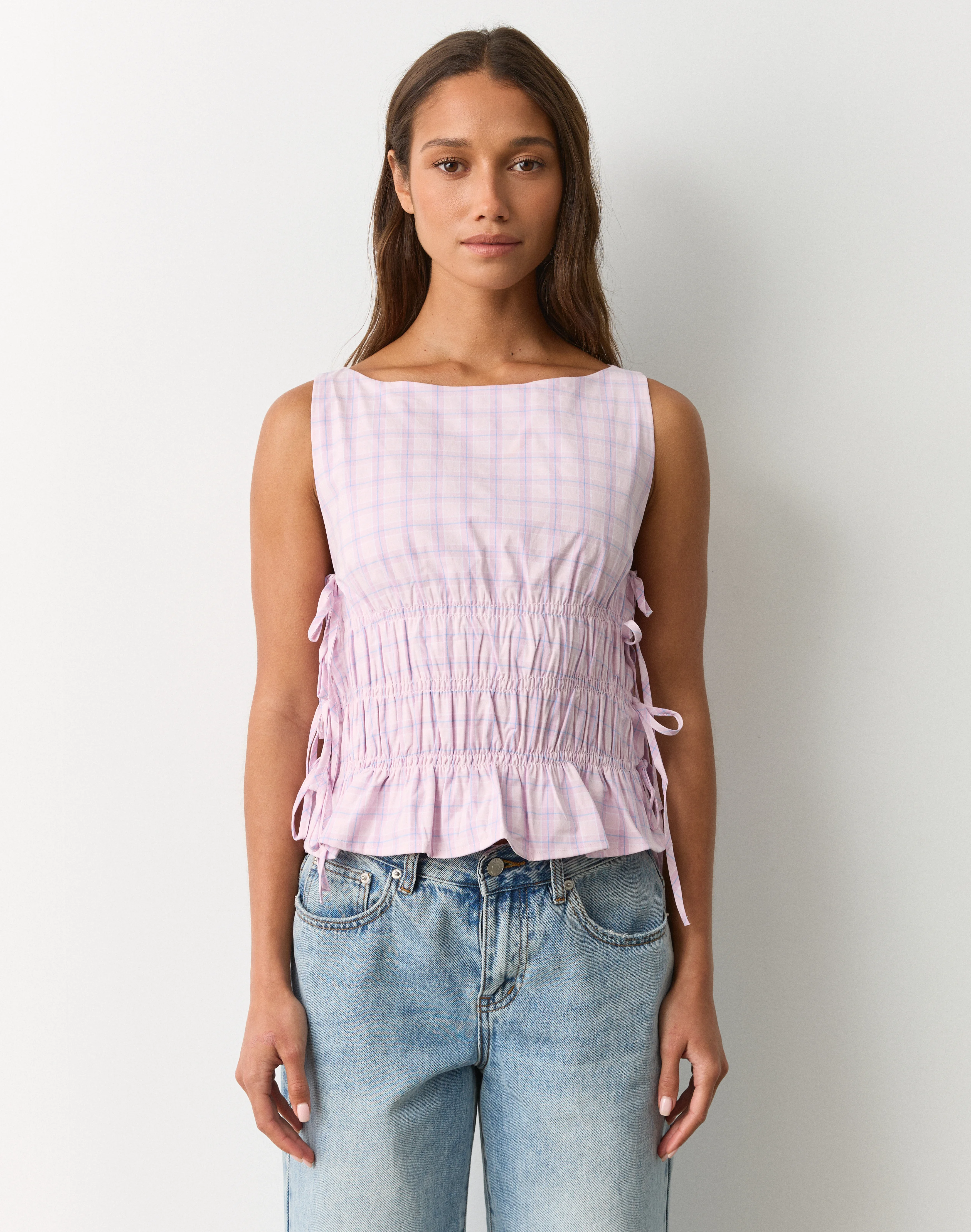 Gingham Tie Side Shirred Blouse Romance Mystery Tama Check