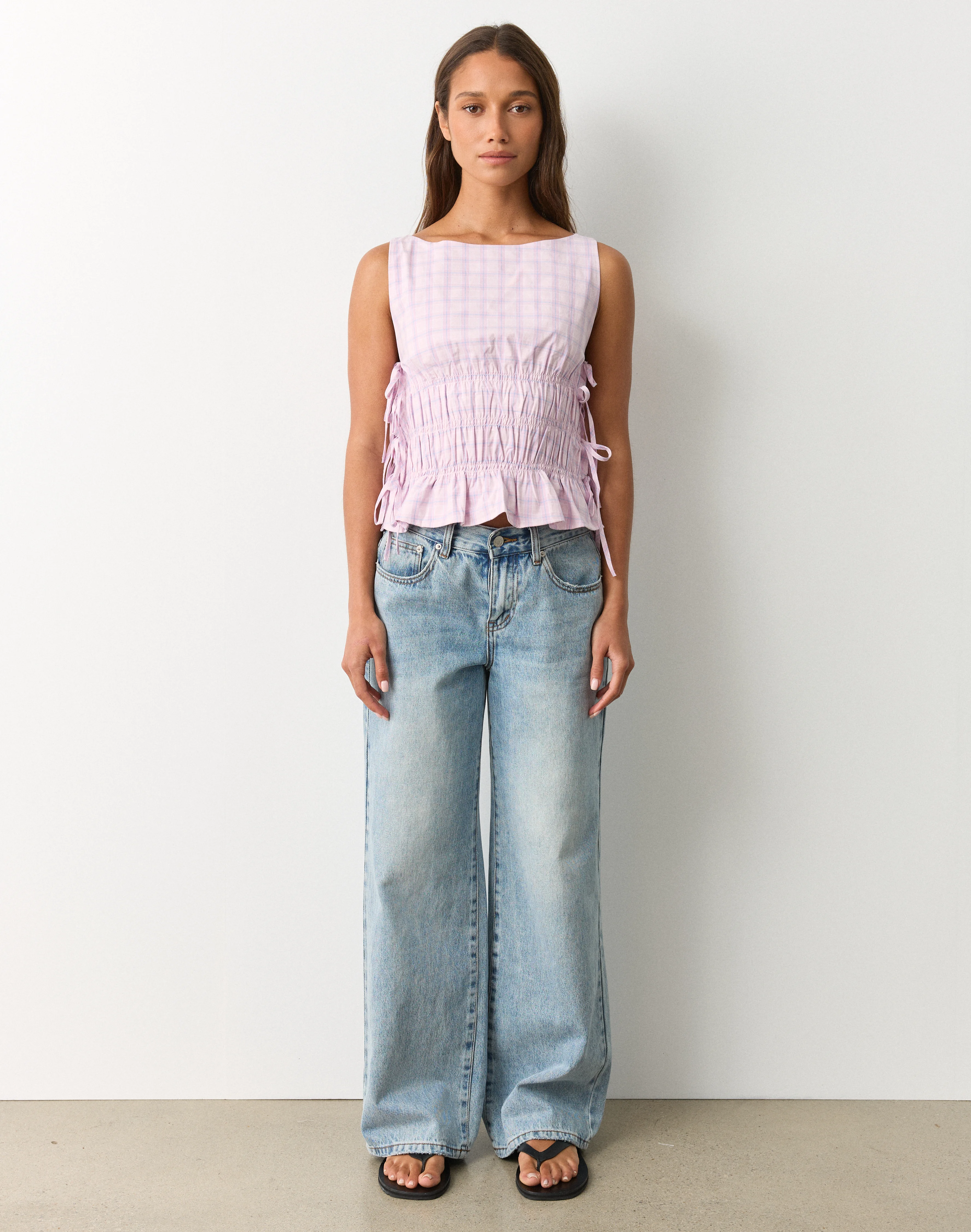 Gingham Tie Side Shirred Blouse Romance Mystery Tama Check 3 Gingham Tie Side Shirred Blouse Romance Mystery Tama Check