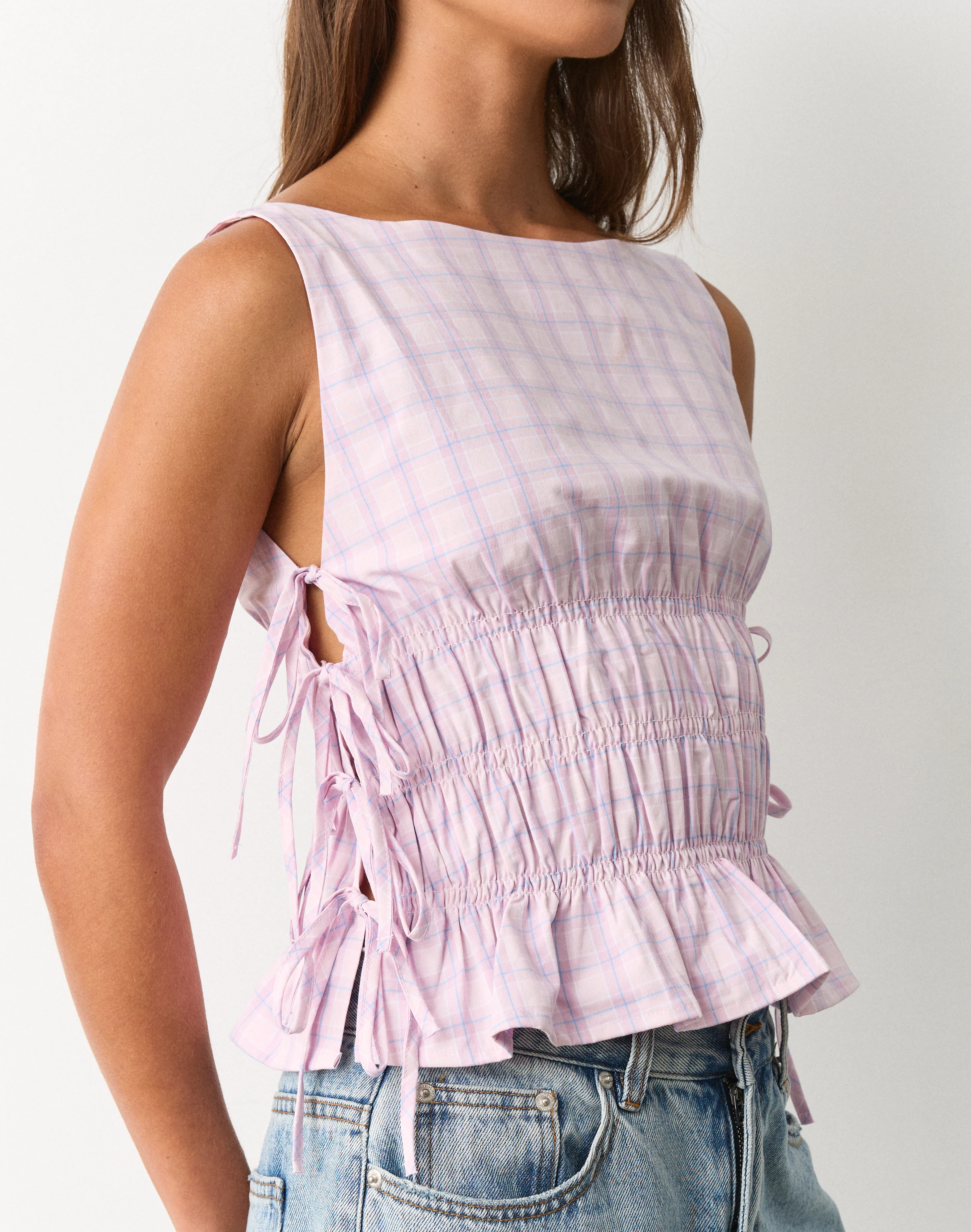Gingham Tie Side Shirred Blouse Romance Mystery Tama Check 5 Gingham Tie Side Shirred Blouse Romance Mystery Tama Check