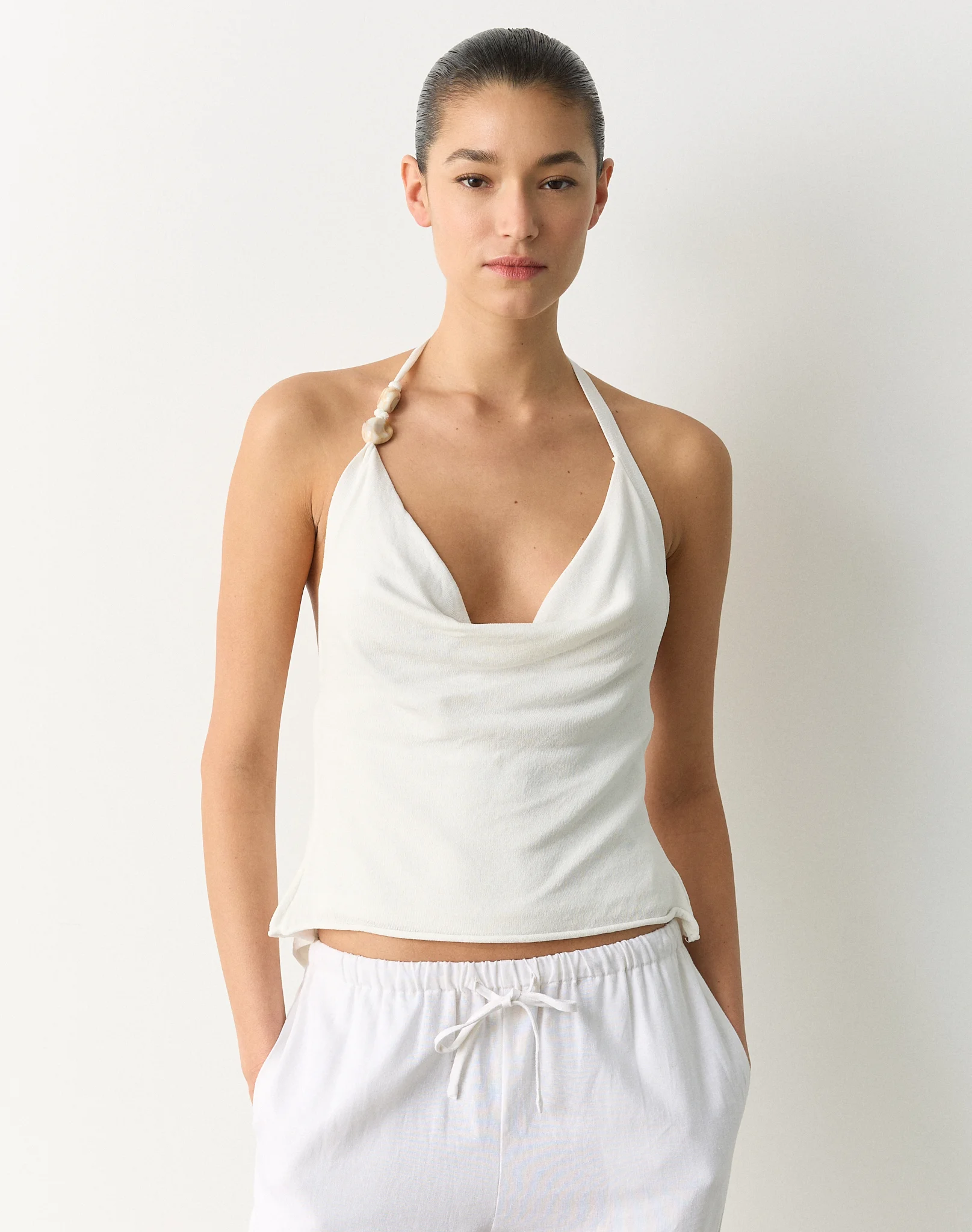 Bead Detail Halter Knit Top Milk