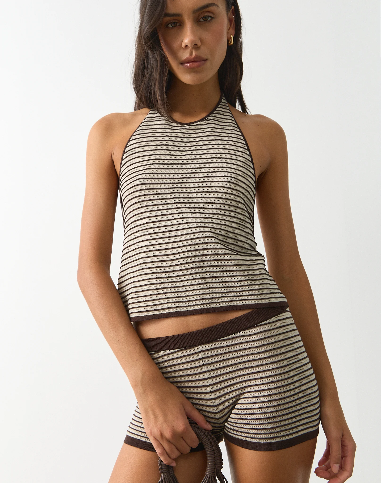 Halter Neck Knit Top Sand X Fudge Crochet Stripe