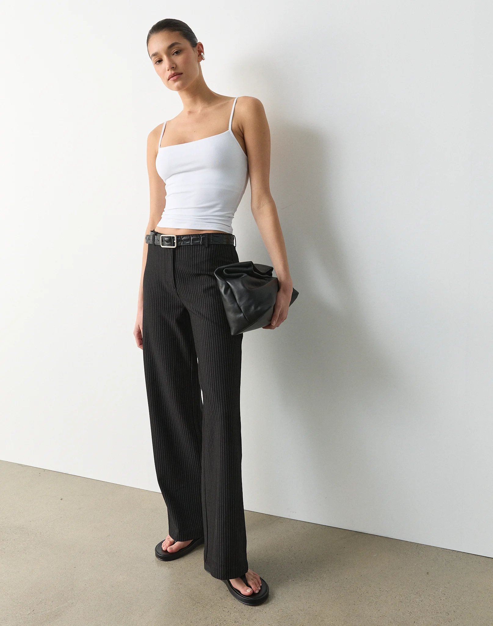 Pinstripe Mid Rise Tailored Ponte Pant Black X White Pinstripe