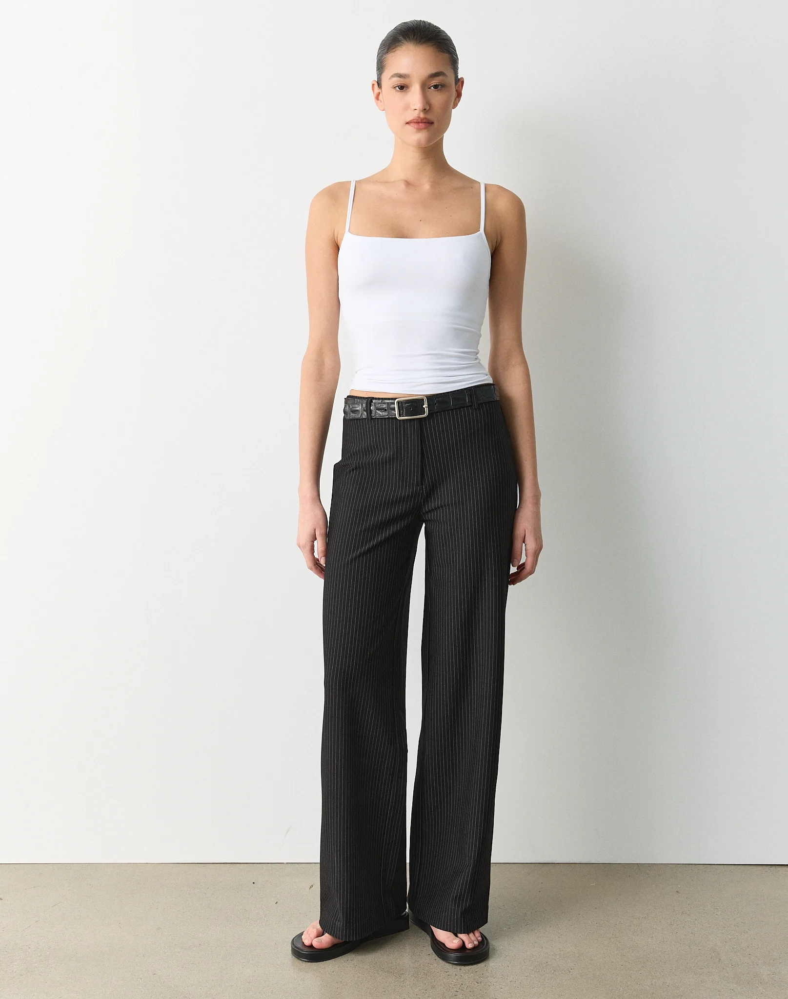Pinstripe Mid Rise Tailored Ponte Pant Black X White Pinstripe