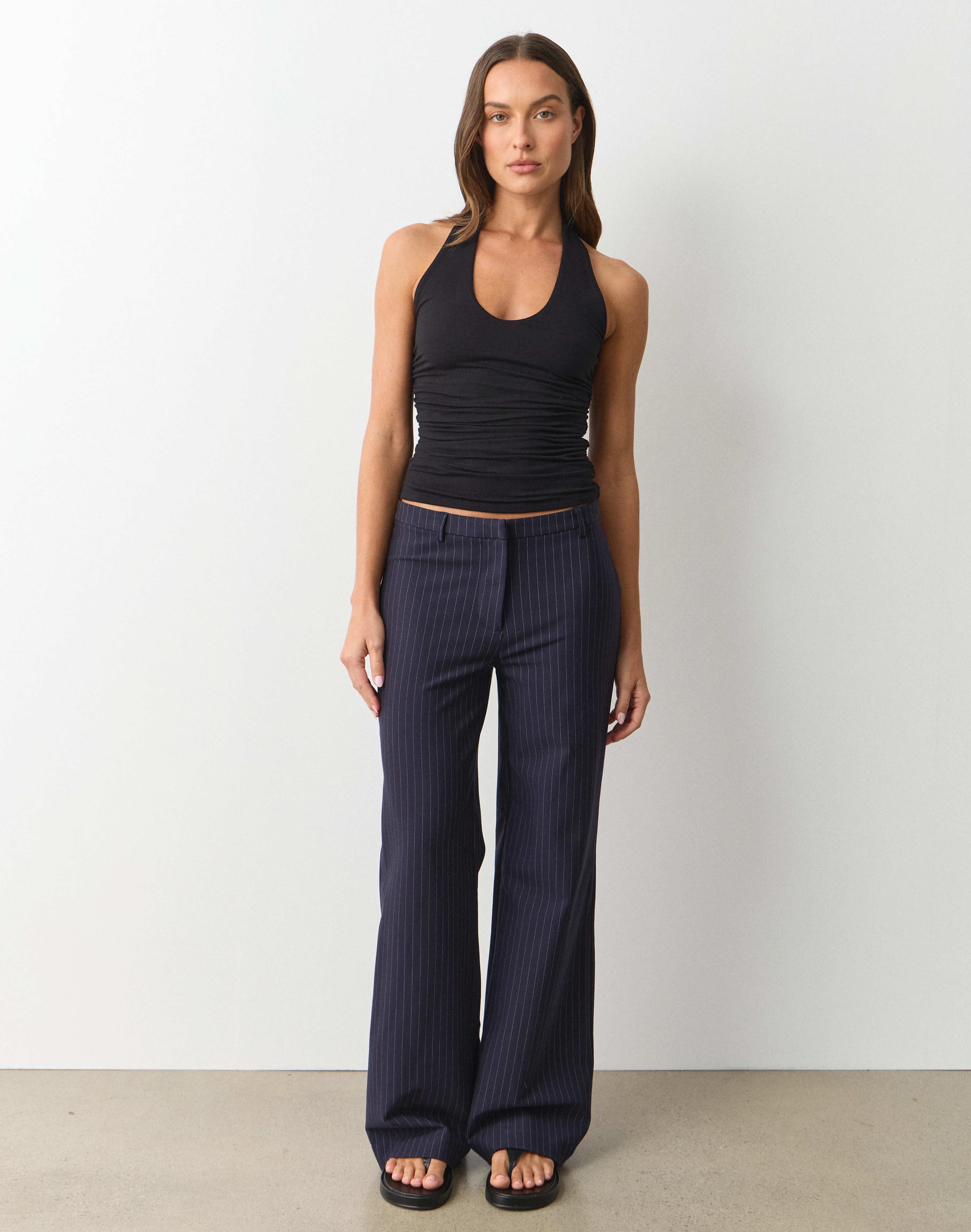 Pinstripe Mid Rise Tailored Ponte Pant Navy X White Pinstripe