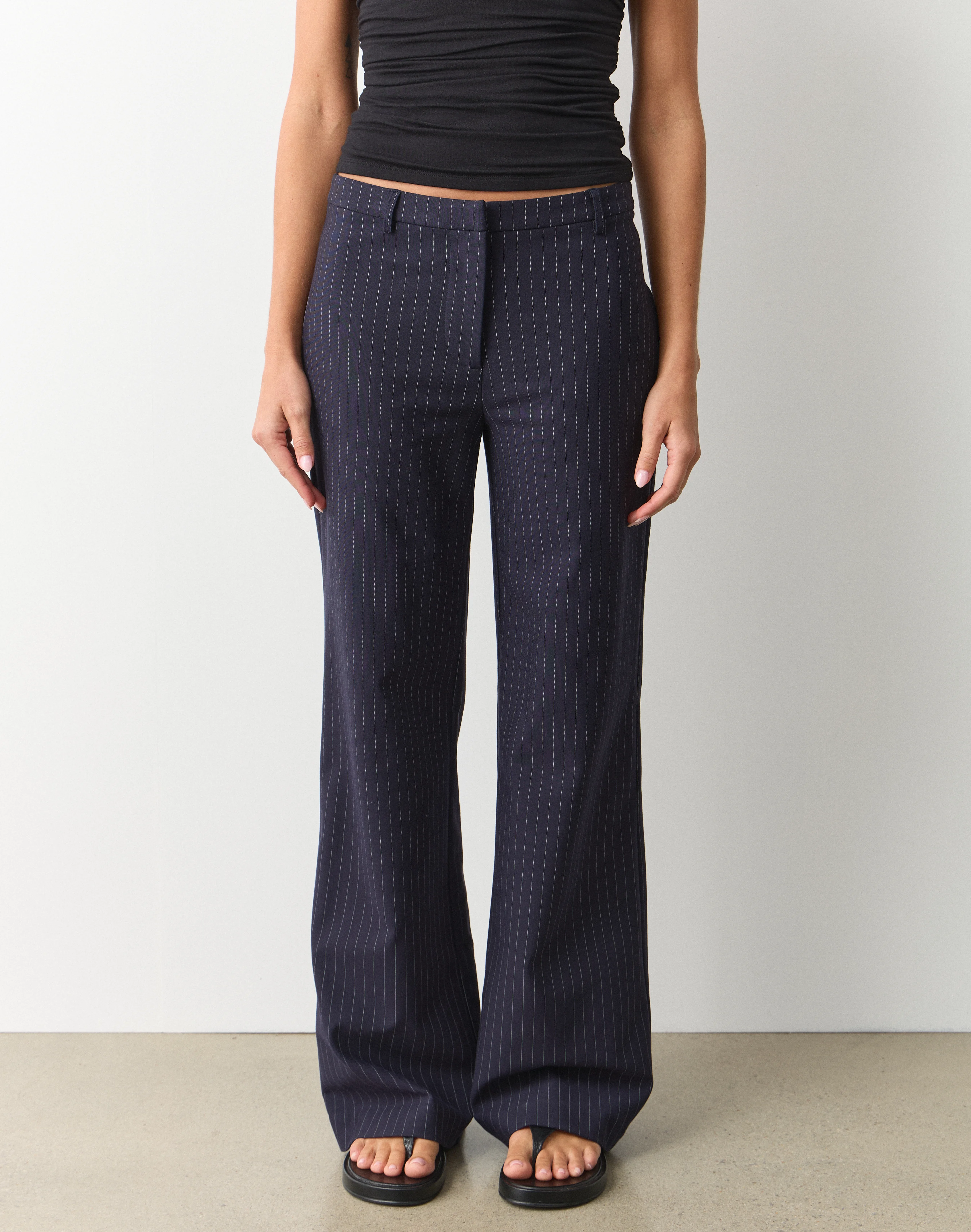 Pinstripe Mid Rise Tailored Ponte Pant Navy X White Pinstripe