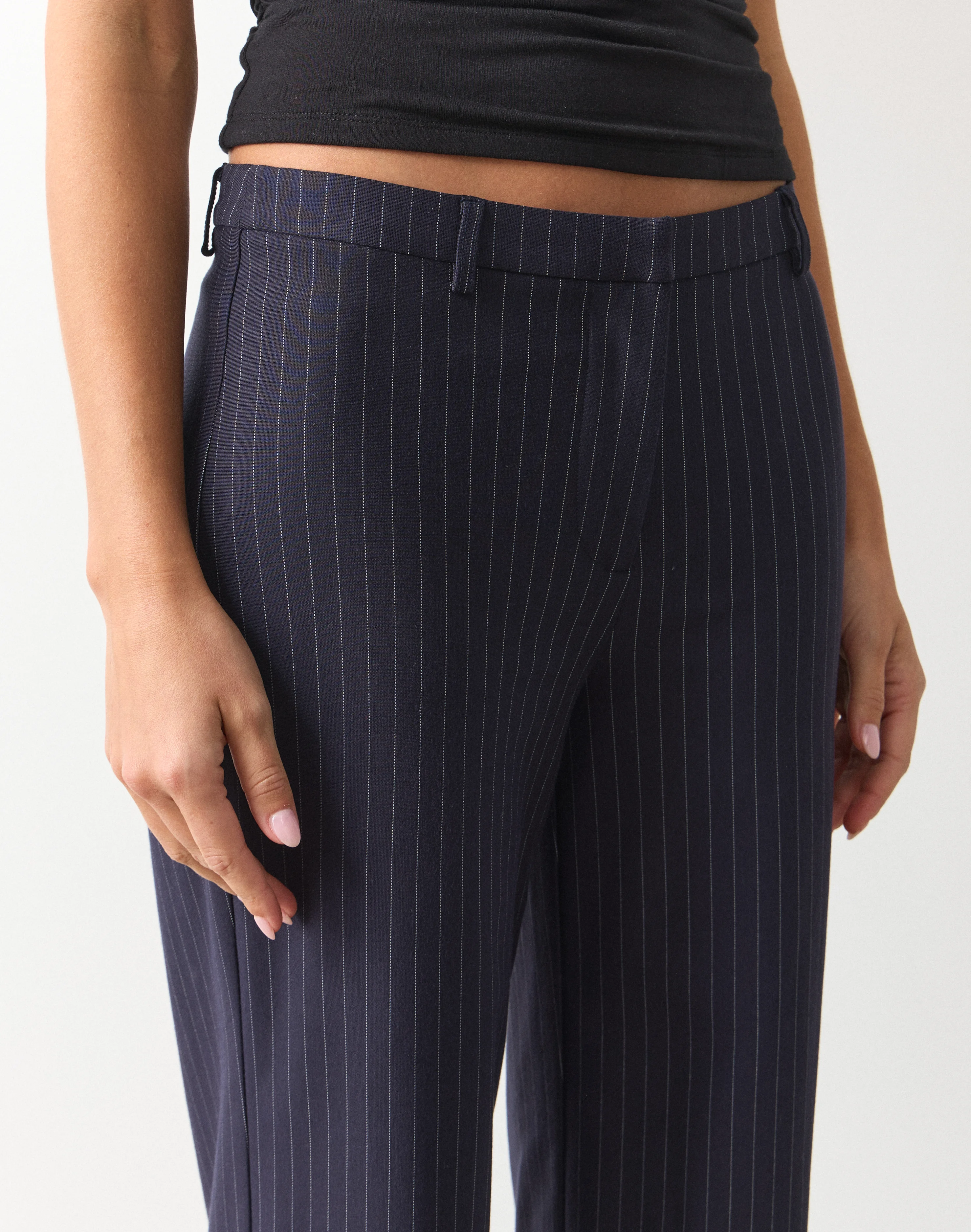 Pinstripe Mid Rise Tailored Ponte Pant Navy X White Pinstripe