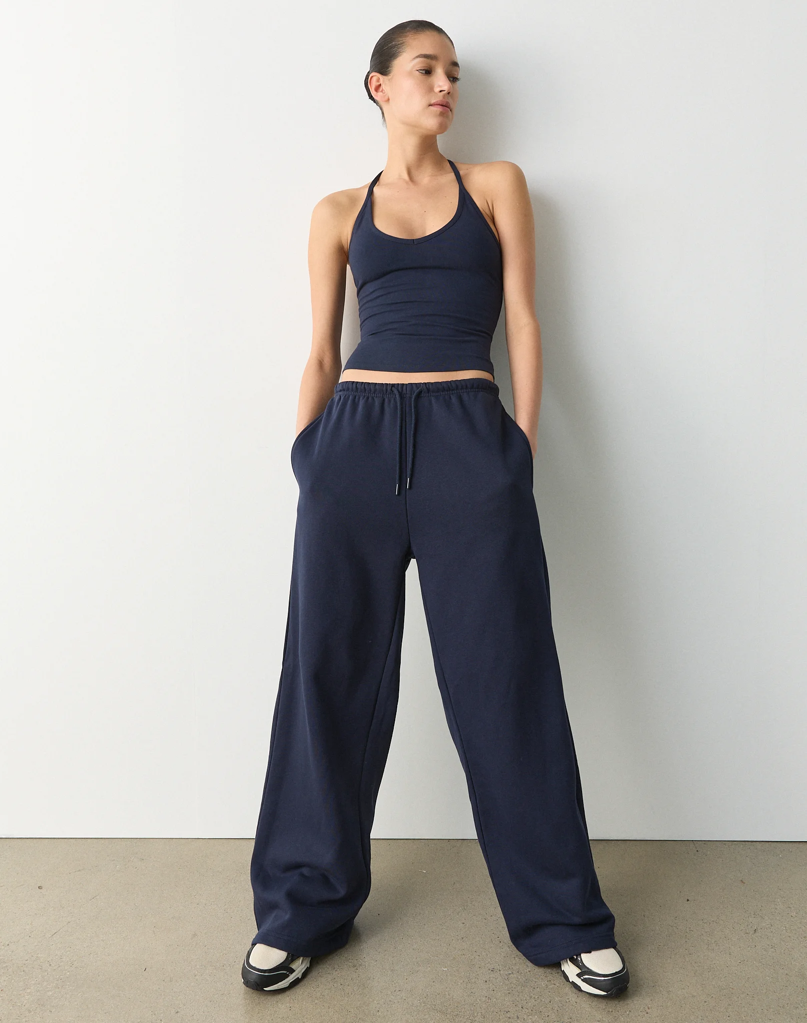 Tie Waist Oversized Wide Leg Sweatpant Navy Blazer