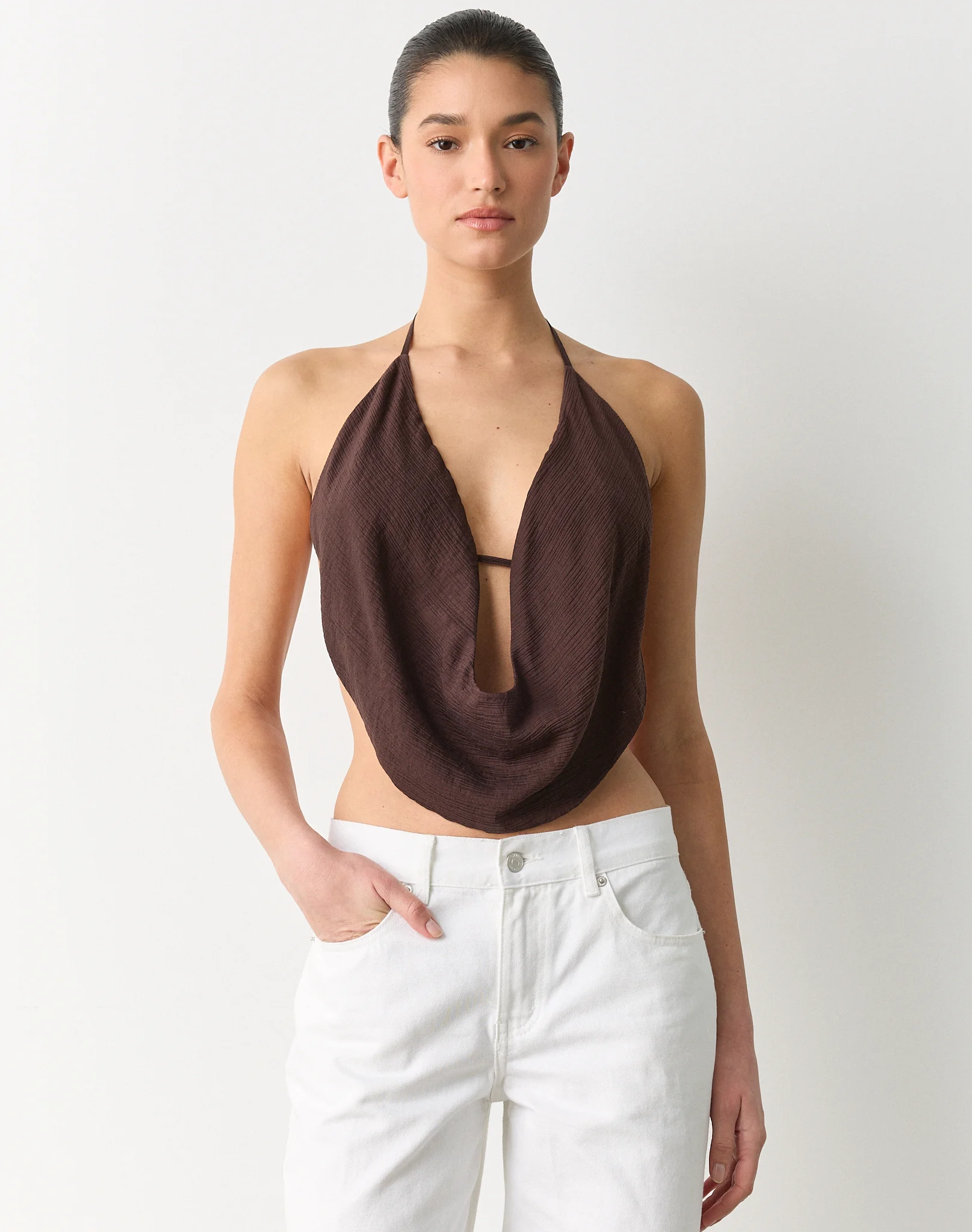 Crinkle Cowl Neck Halter Top Island Fudge