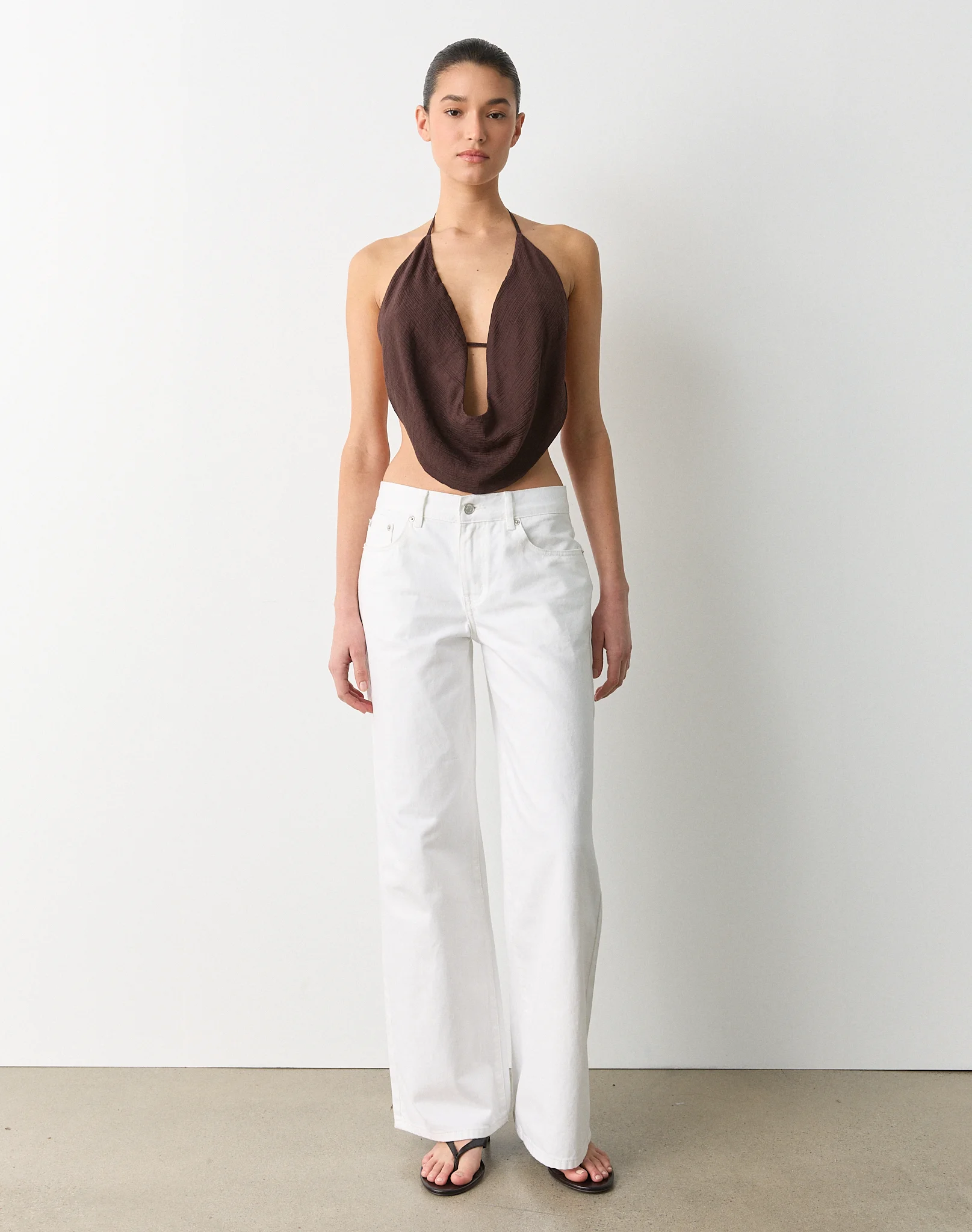 Crinkle Cowl Neck Halter Top Island Fudge