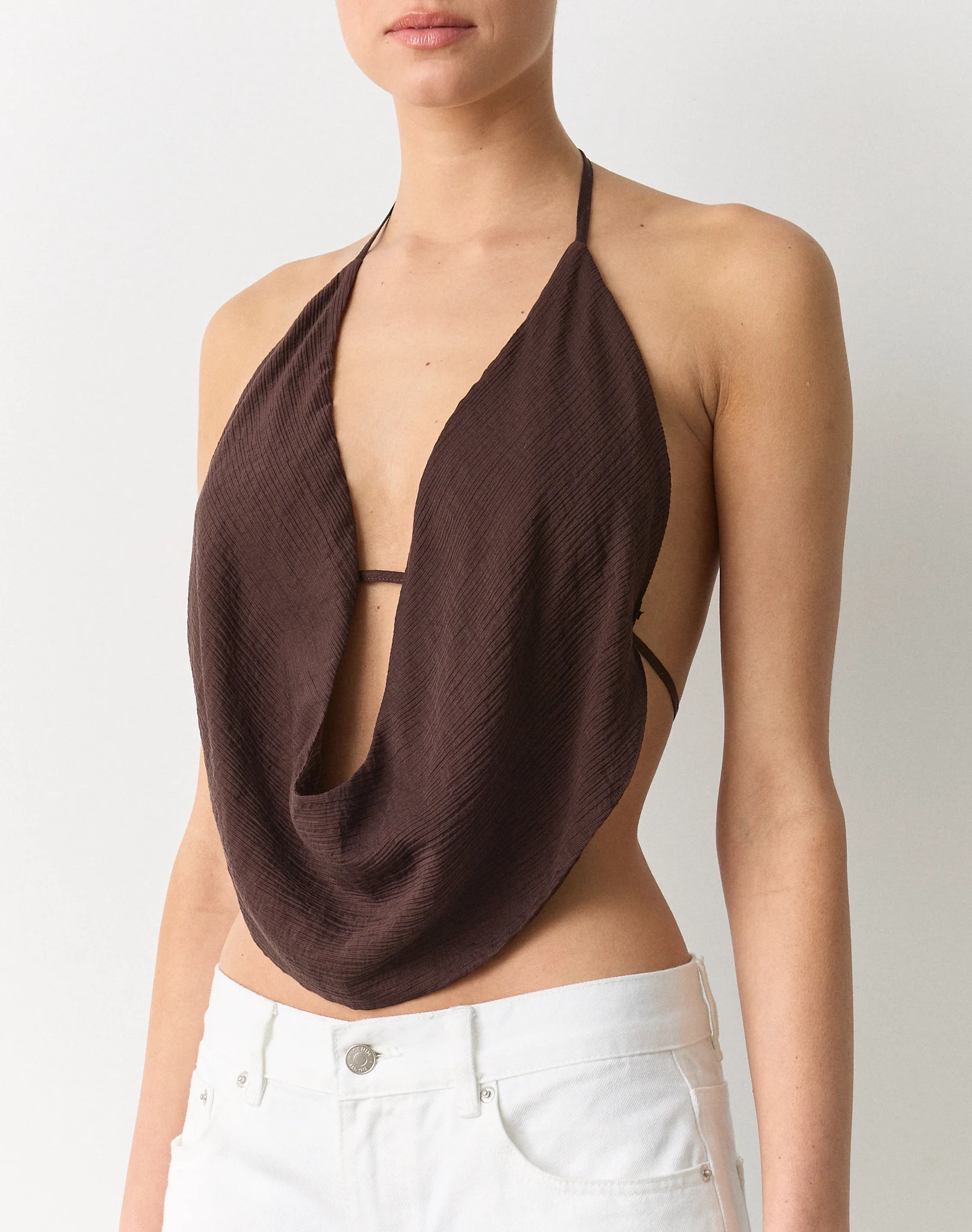 Crinkle Cowl Neck Halter Top Island Fudge