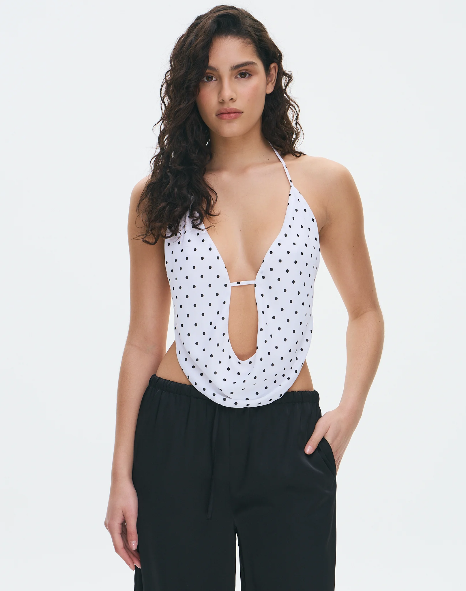 Print Cowl Neck Halter Top Maria X White X Black