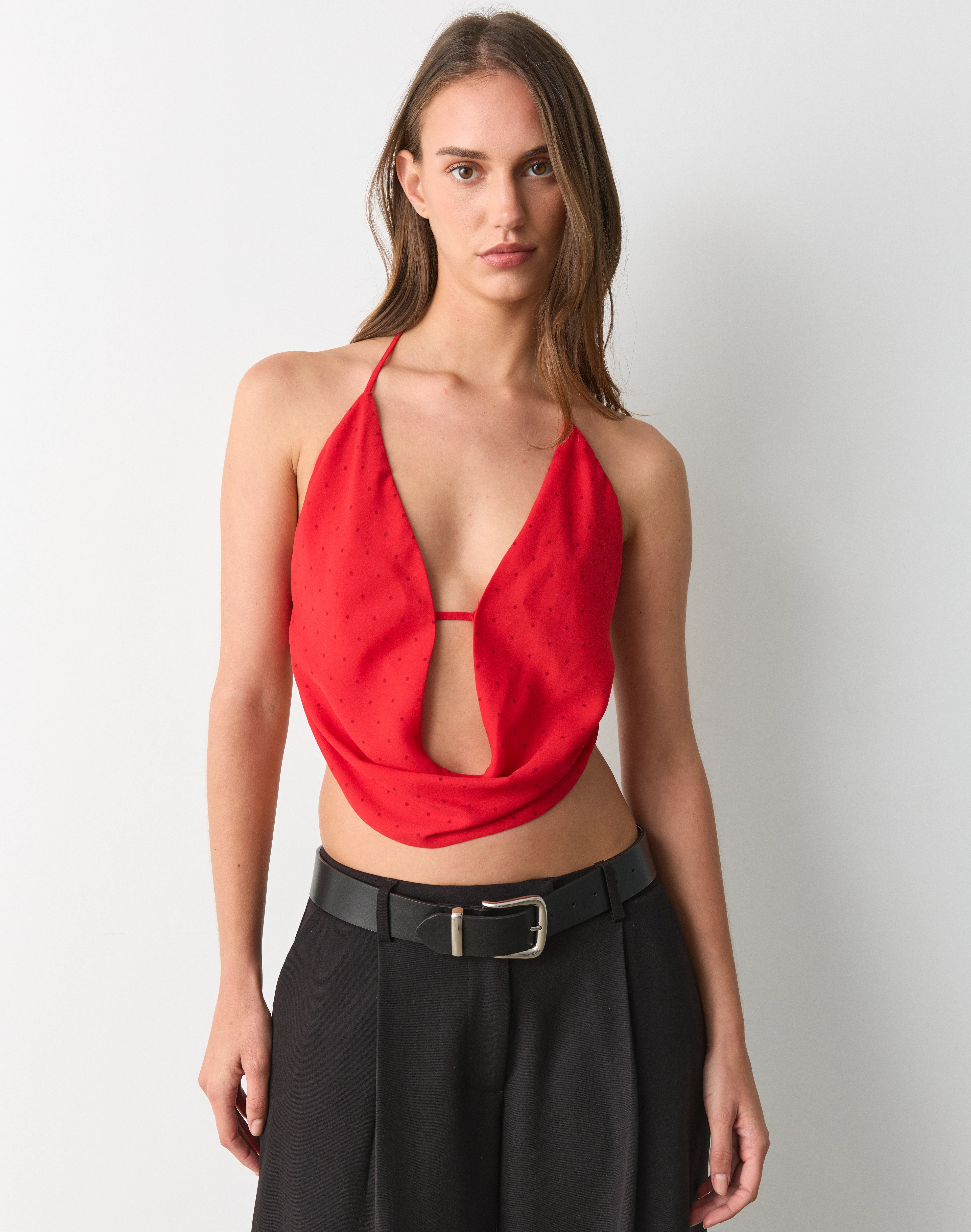 Print Cowl Neck Halter Top Reddy Tonal Celia Polka Dot