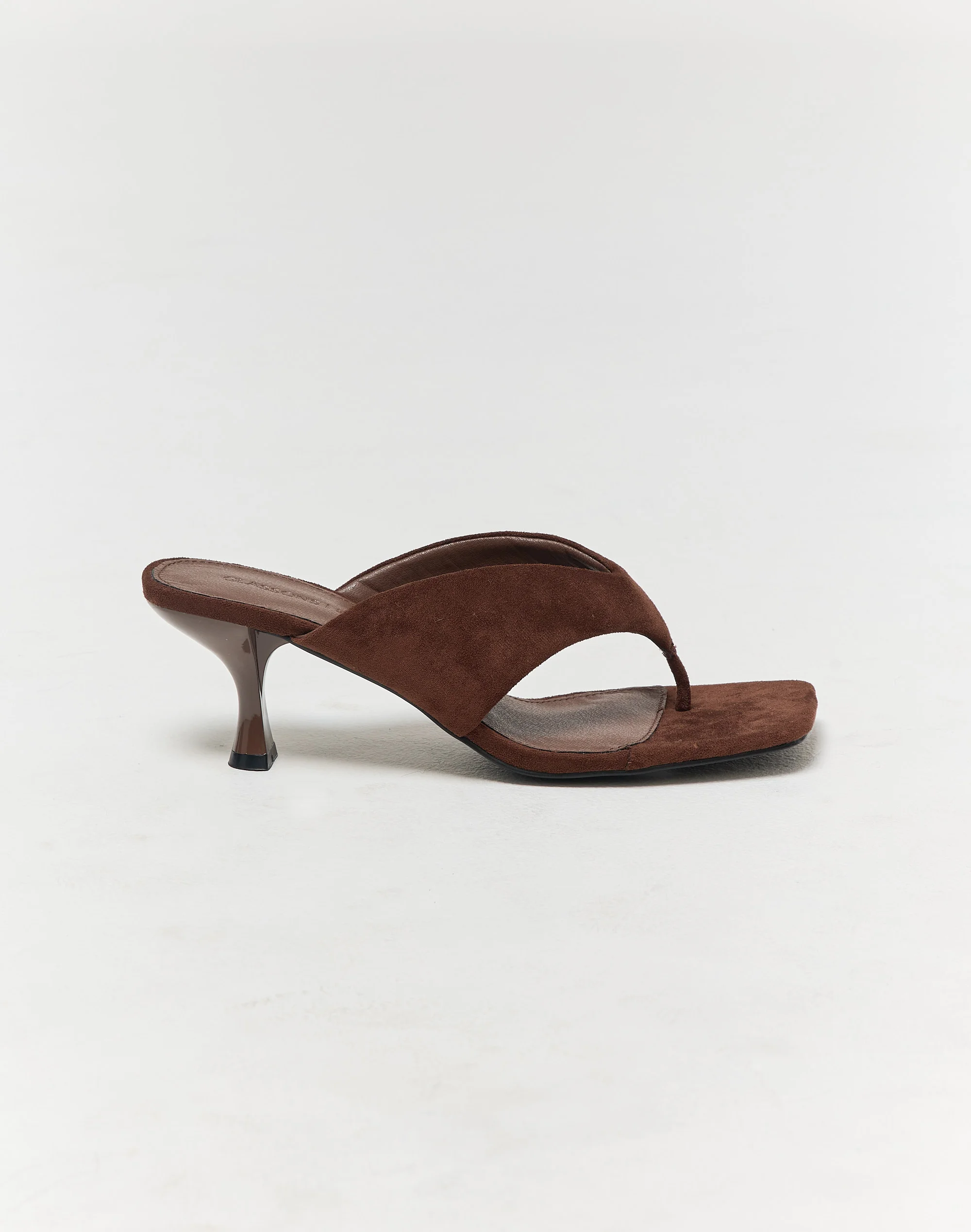 Faux Suede Square Toe Thong Heel Choc Suede