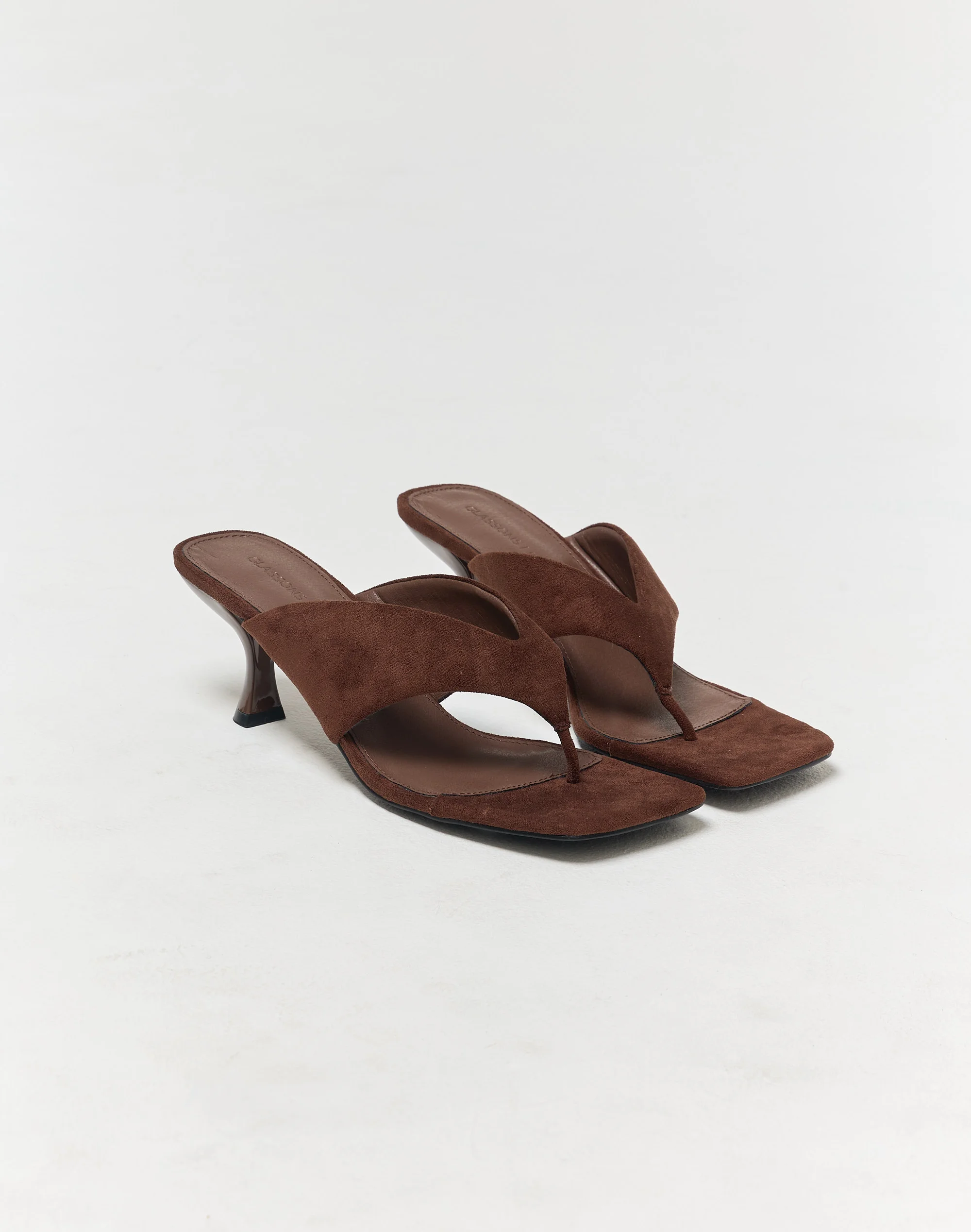 Faux Suede Square Toe Thong Heel Choc Suede