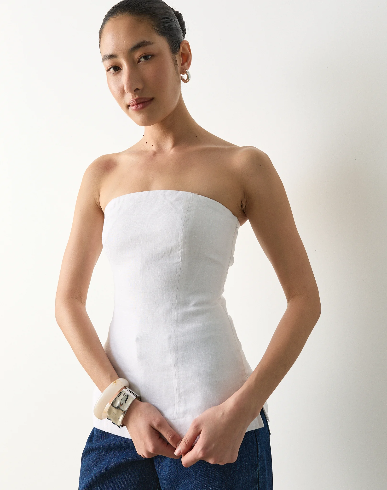 100% Linen Strapless Blouse White