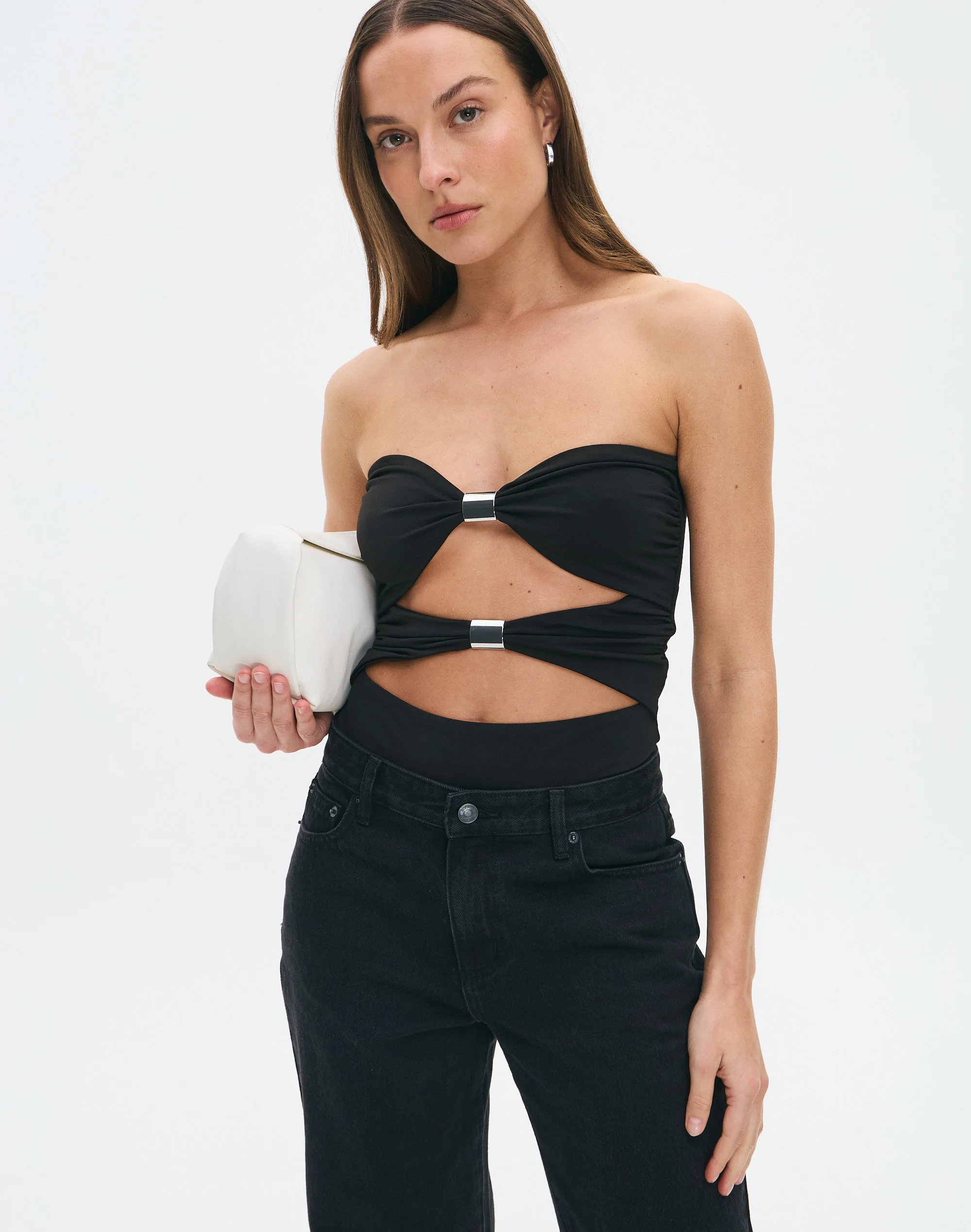 Hardware Cutout Strapless Bodysuit Black X Silver