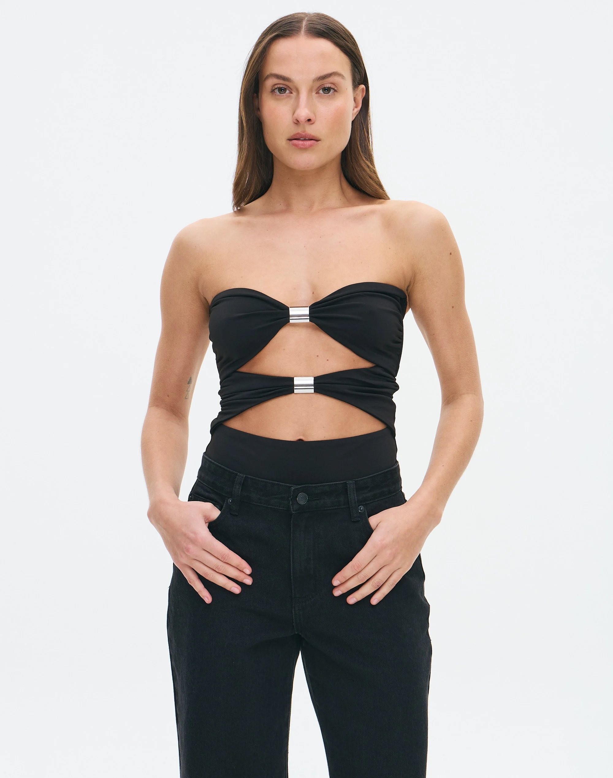 Hardware Cutout Strapless Bodysuit Black X Silver