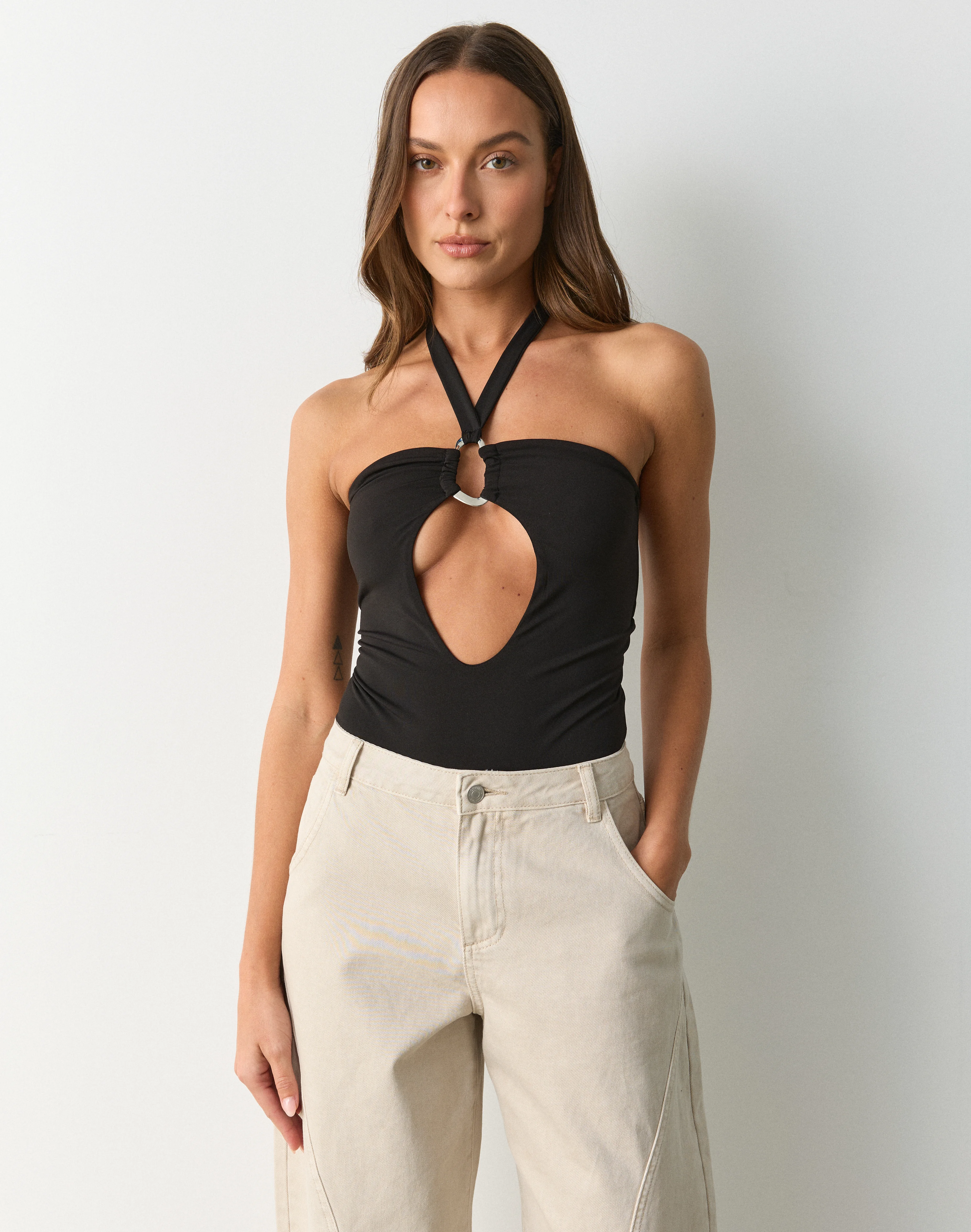 Cut Out Halter Bodysuit Black X Silver
