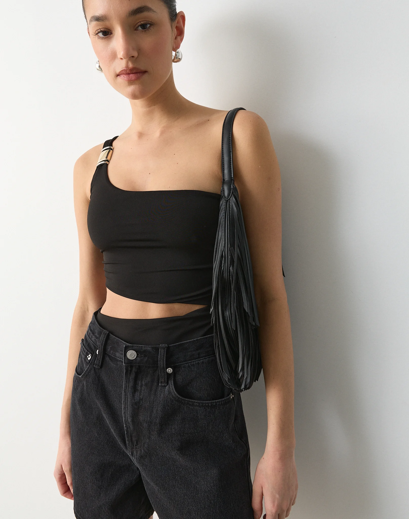 One Shoulder Hardware Detail Bodysuit Black X Silver
