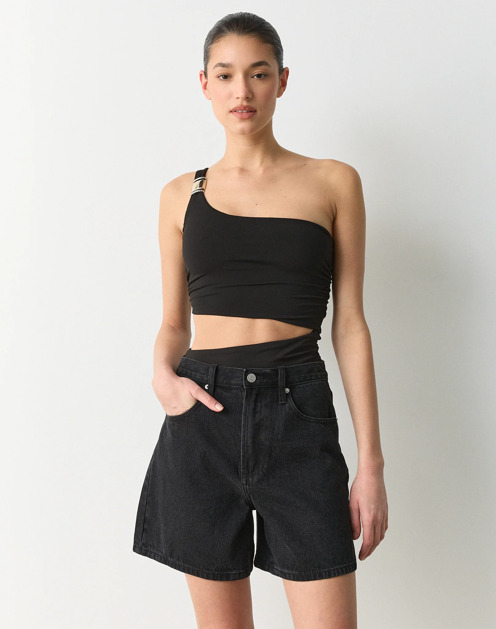 One Shoulder Hardware Detail Bodysuit Black X Silver