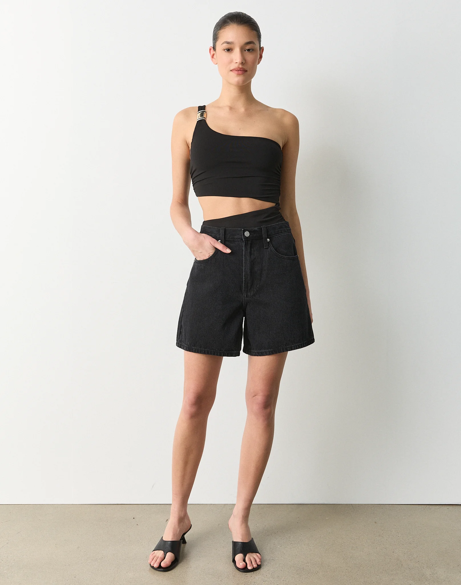 One Shoulder Hardware Detail Bodysuit Black X Silver