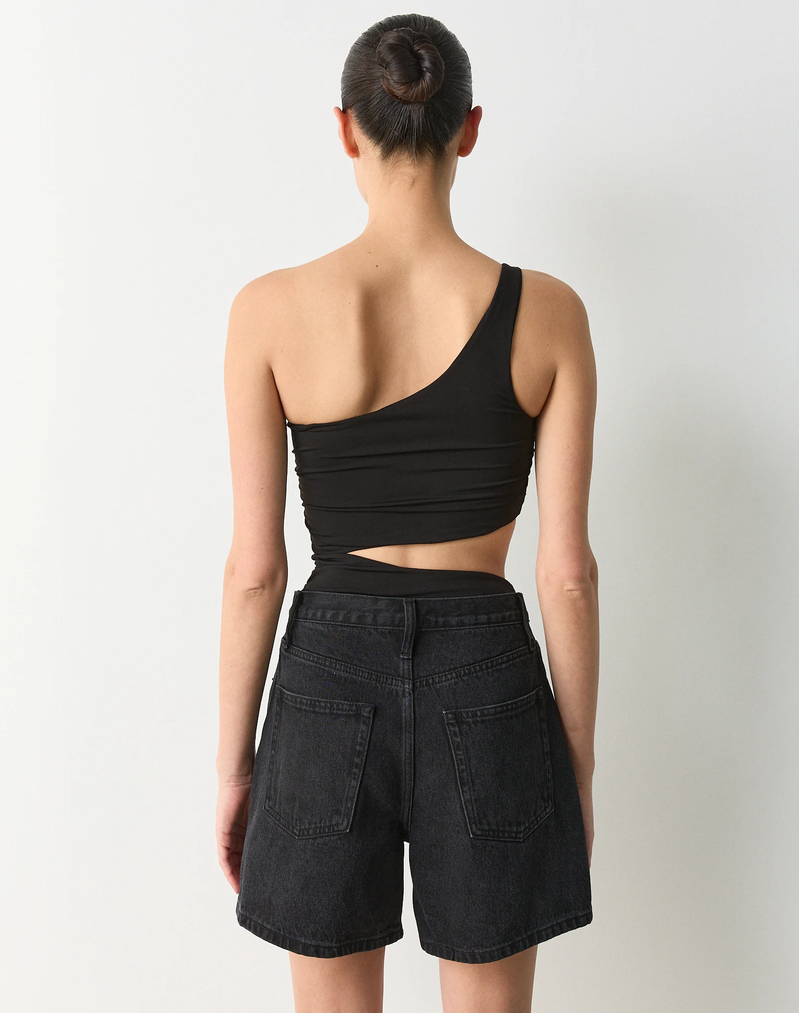 One Shoulder Hardware Detail Bodysuit Black X Silver