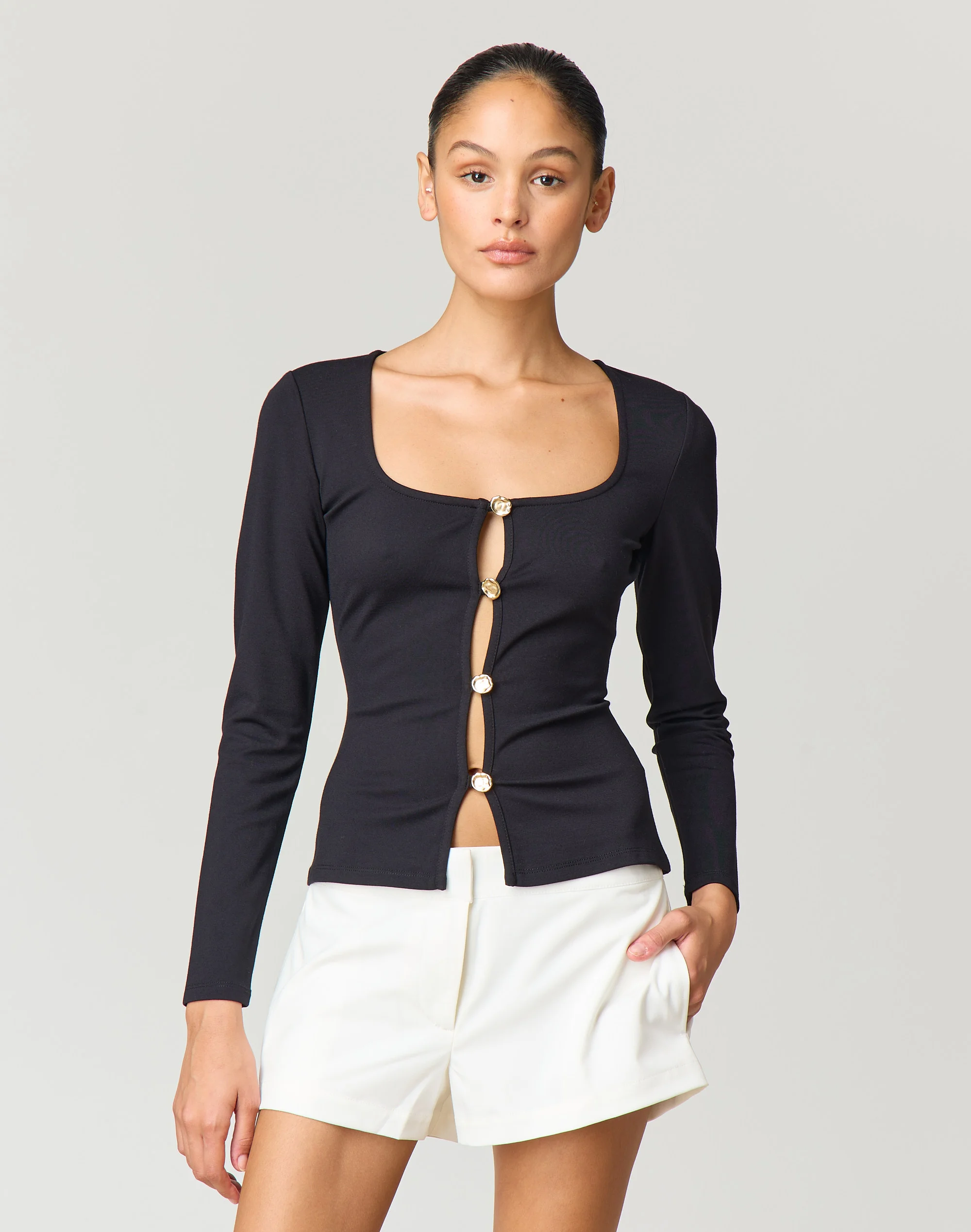Button Up Long Sleeve Top Black