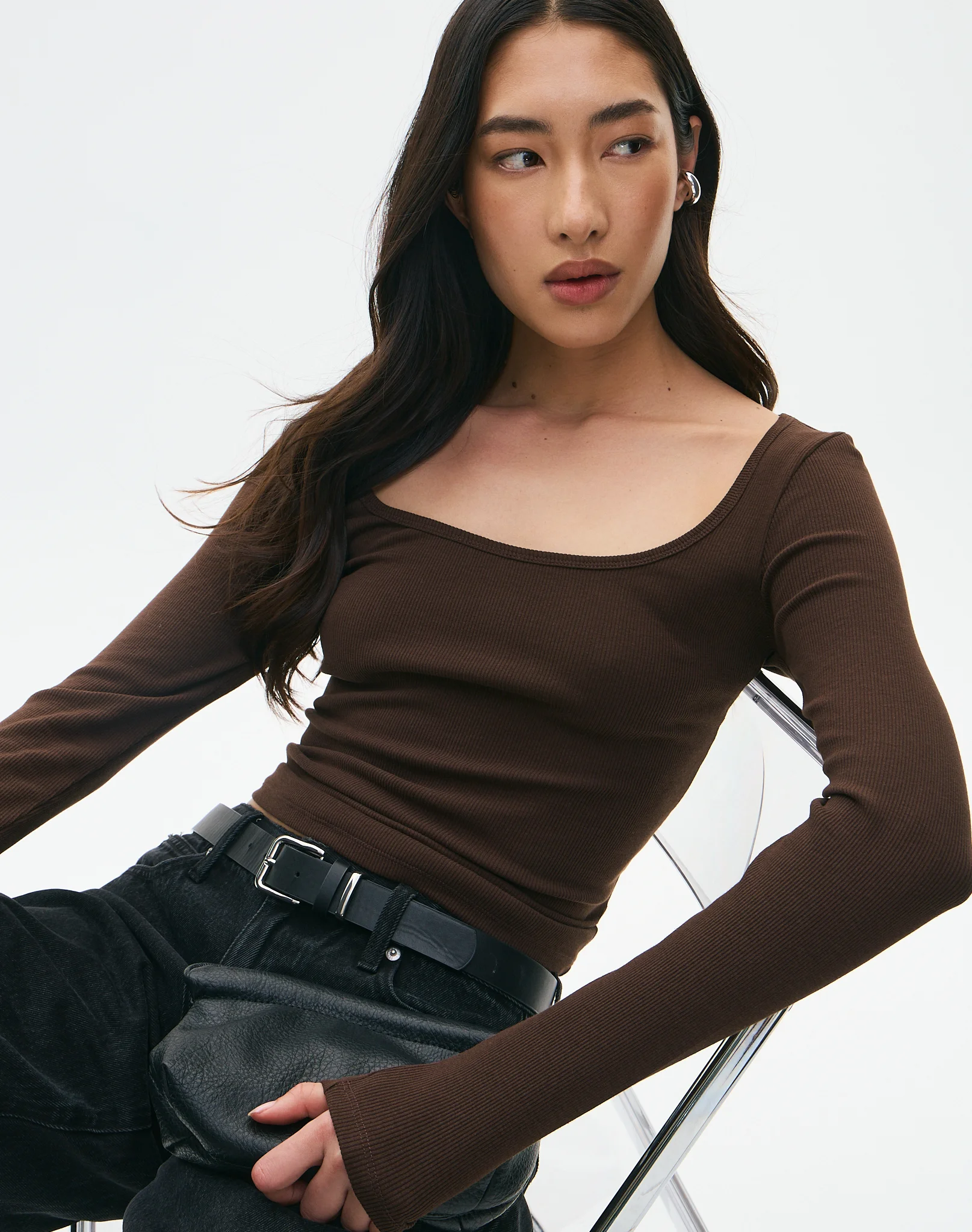 Cotton Rib Scoop Longsleeve Top Fudge Fantasy