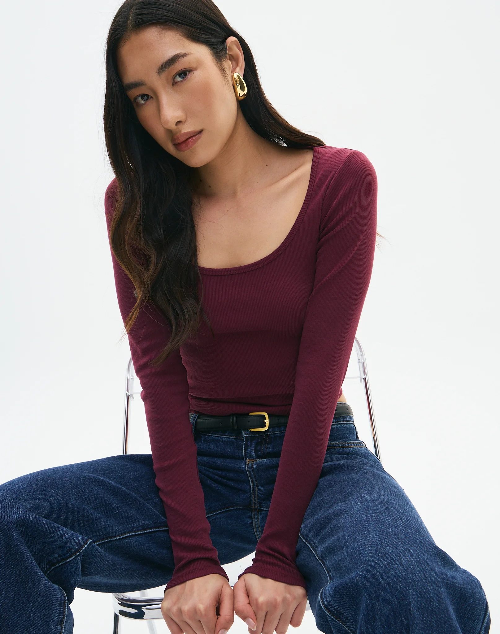 Cotton Rib Scoop Longsleeve Top Moody Plum