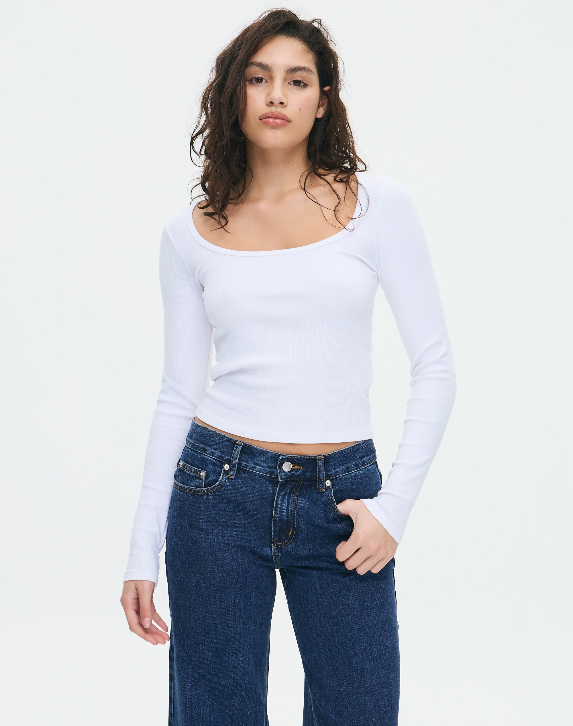 Cotton Rib Scoop Longsleeve Top White