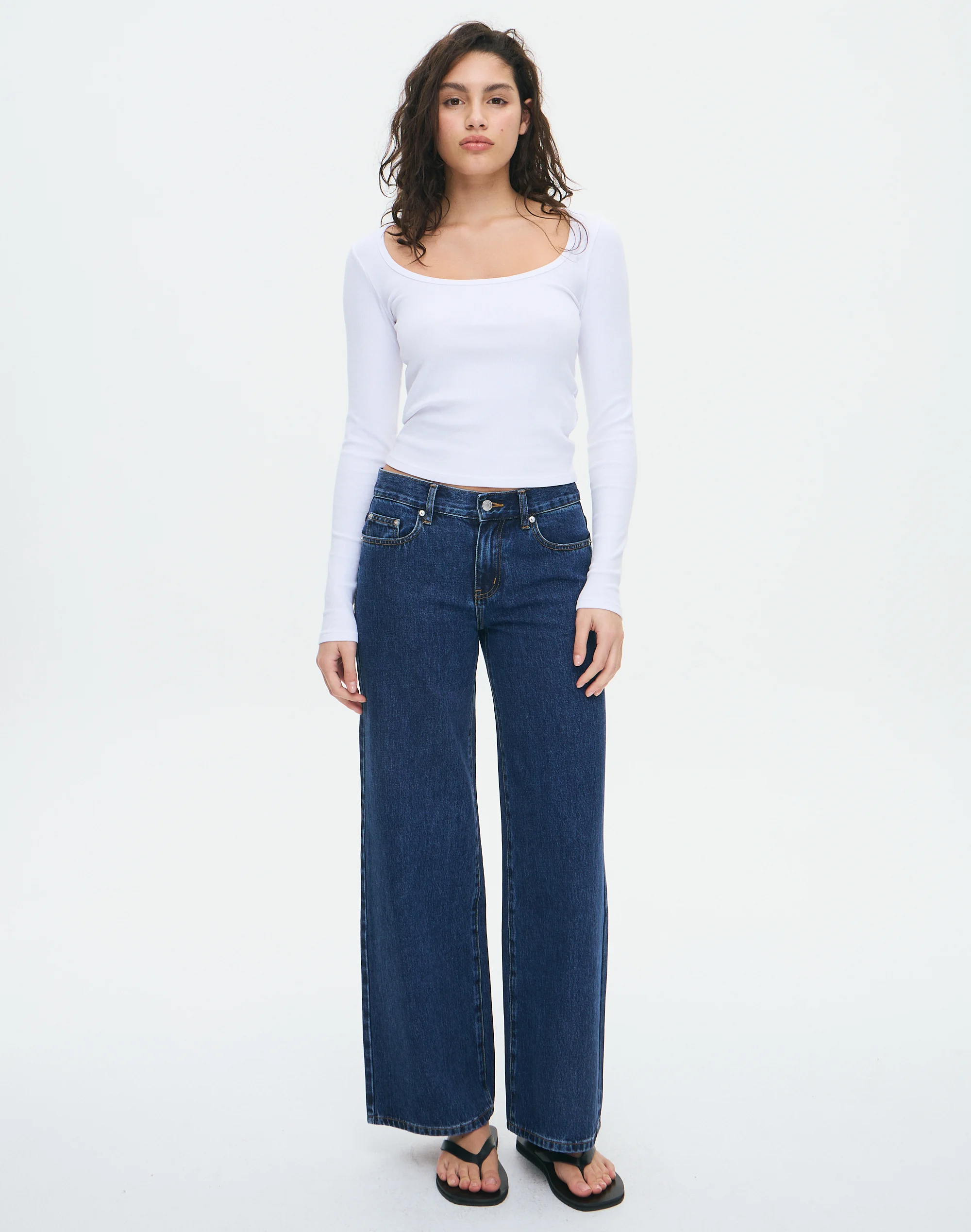 Cotton Rib Scoop Longsleeve Top White