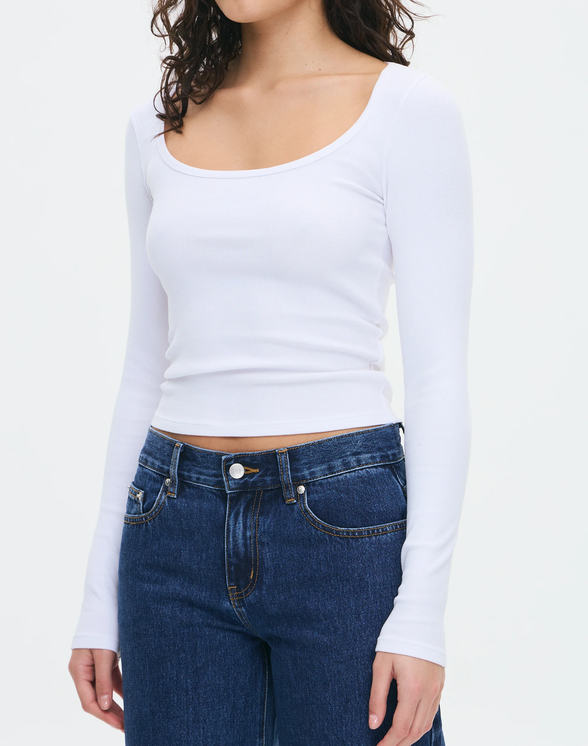 Cotton Rib Scoop Longsleeve Top White