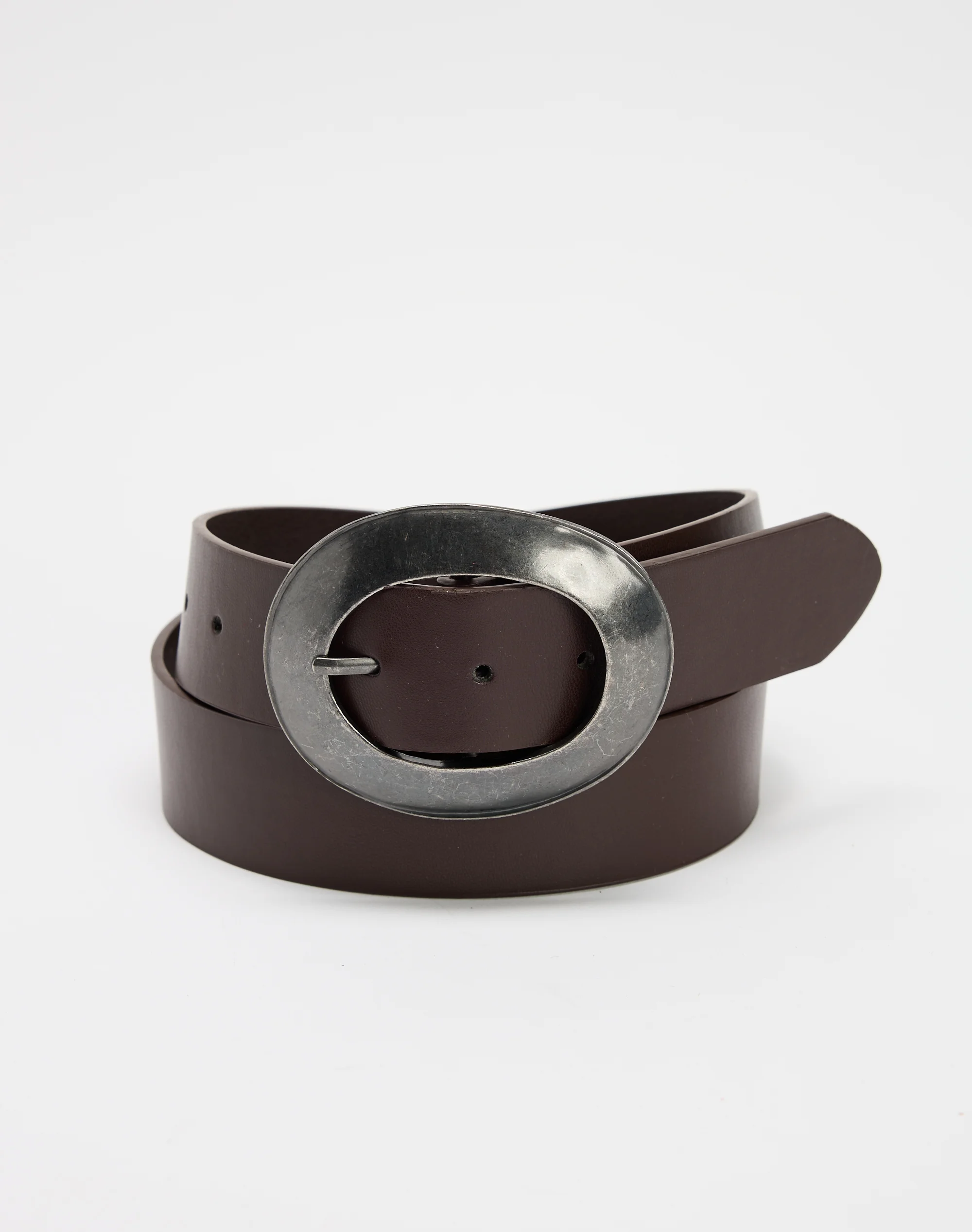 Oval Buckle Belt Worn Brown X Silver