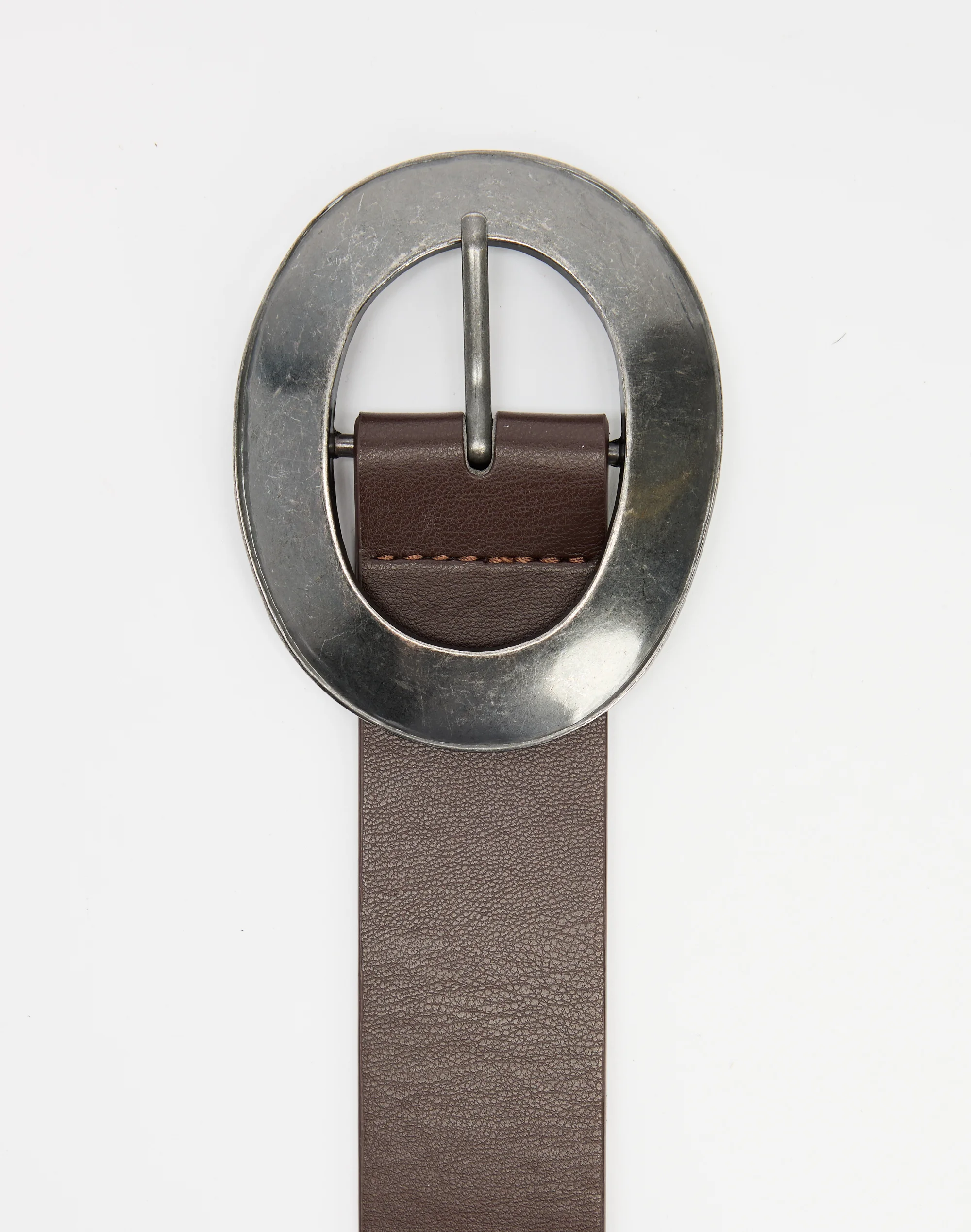 Oval Buckle Belt Worn Brown X Silver