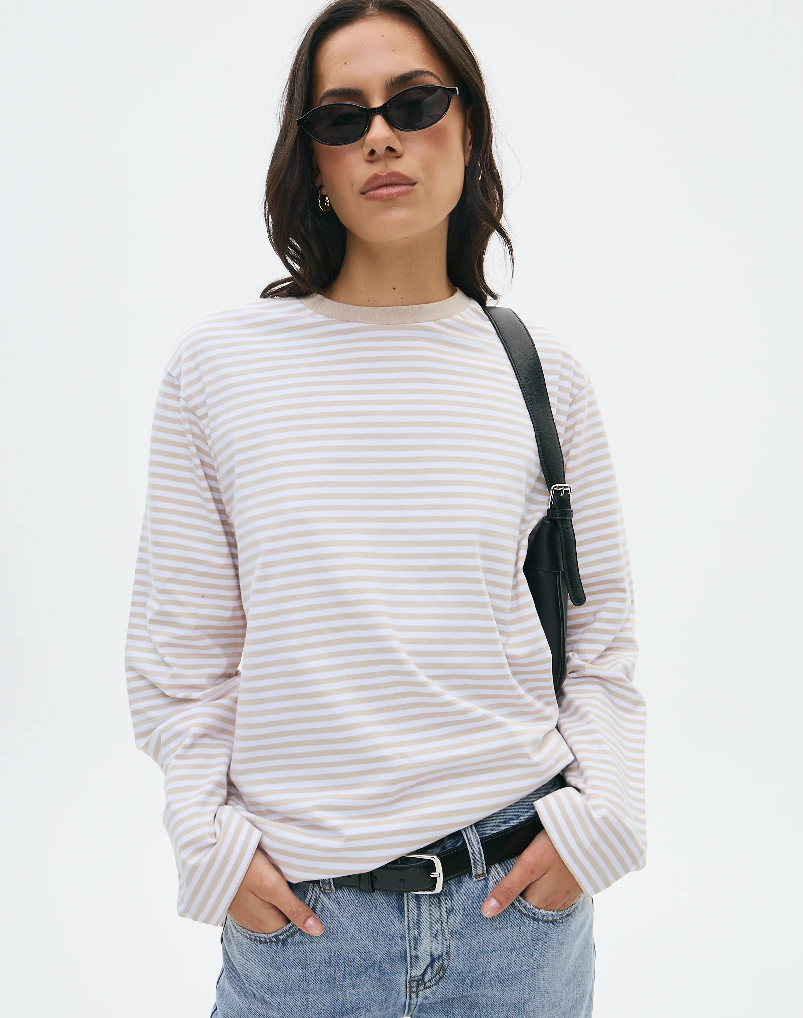 Oversized Cotton Longsleeve Top Sand White Bella Stripe