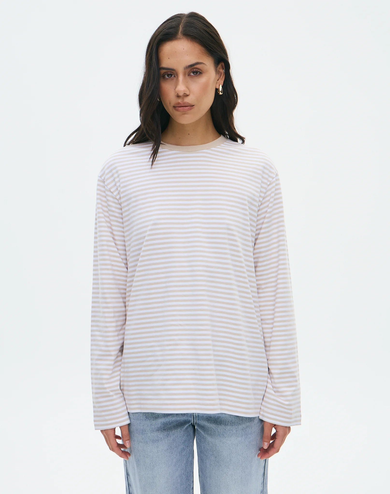 Oversized Cotton Longsleeve Top Sand White Bella Stripe
