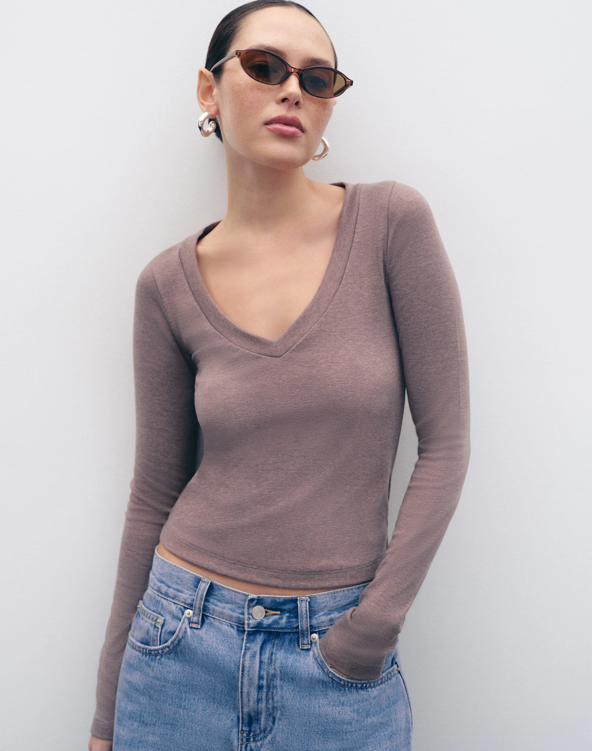 V Neck Longsleeve Top Sesame Marle