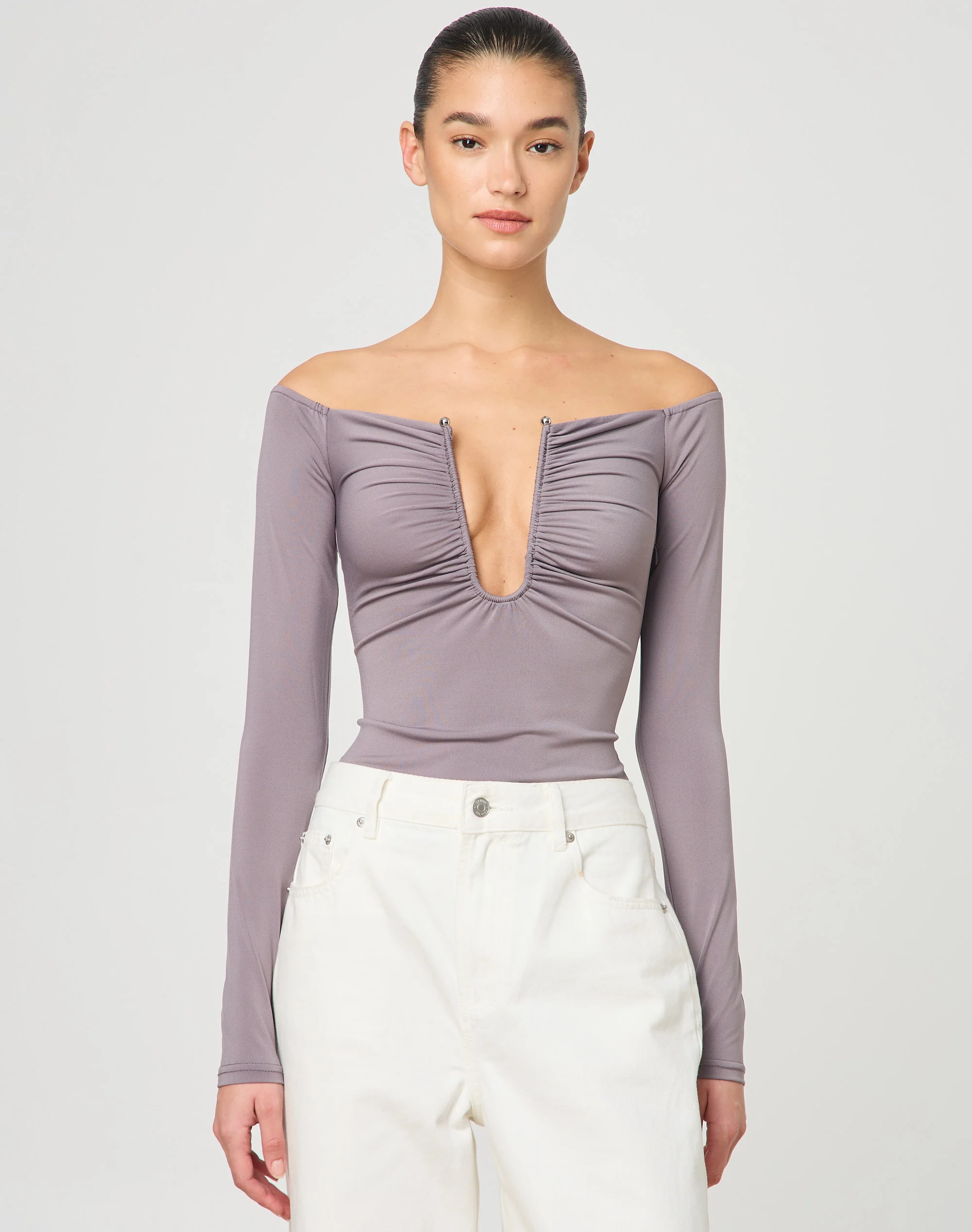 Cut Out Ruched Longsleeve Top Slate Of Mind