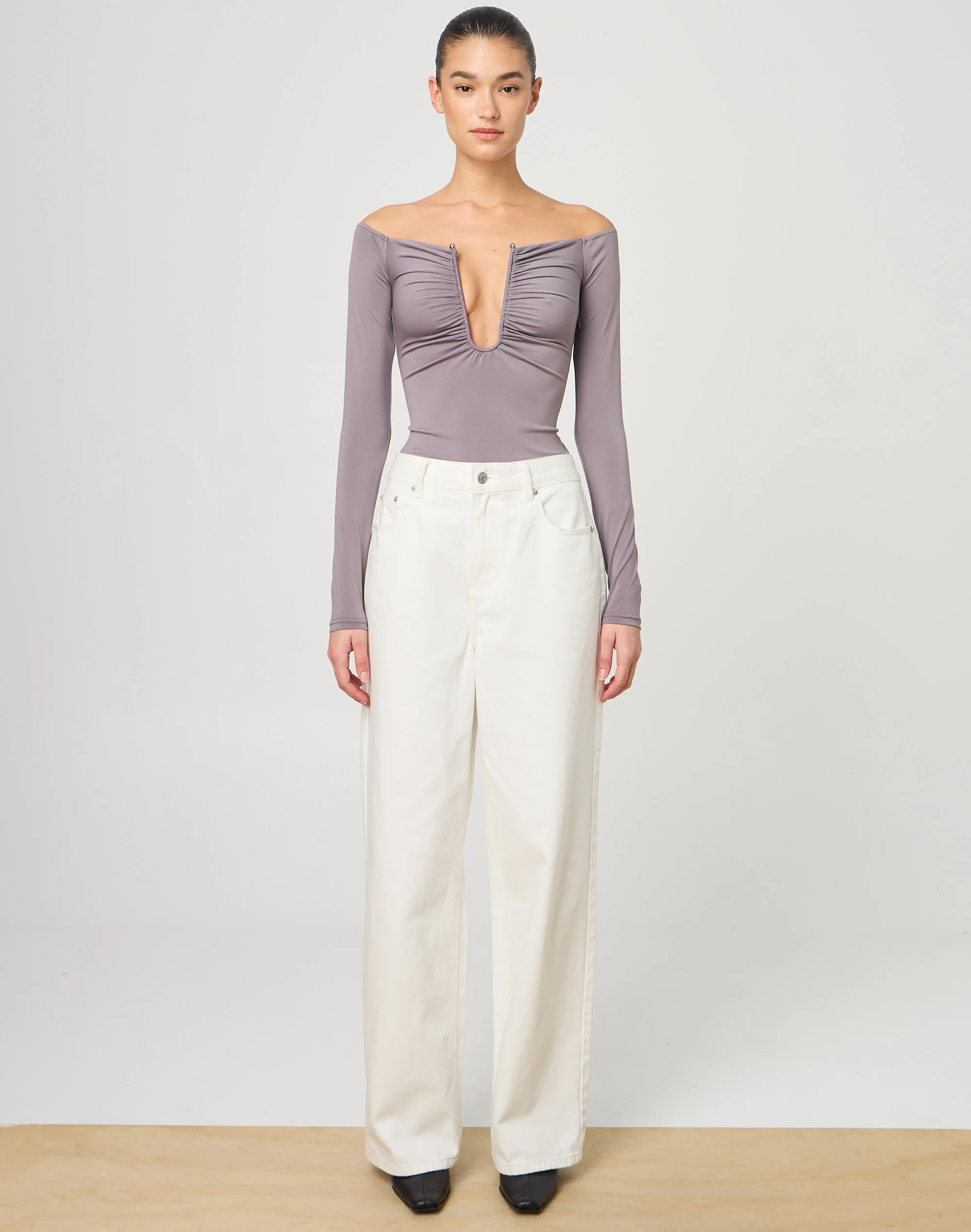 Cut Out Ruched Longsleeve Top Slate Of Mind
