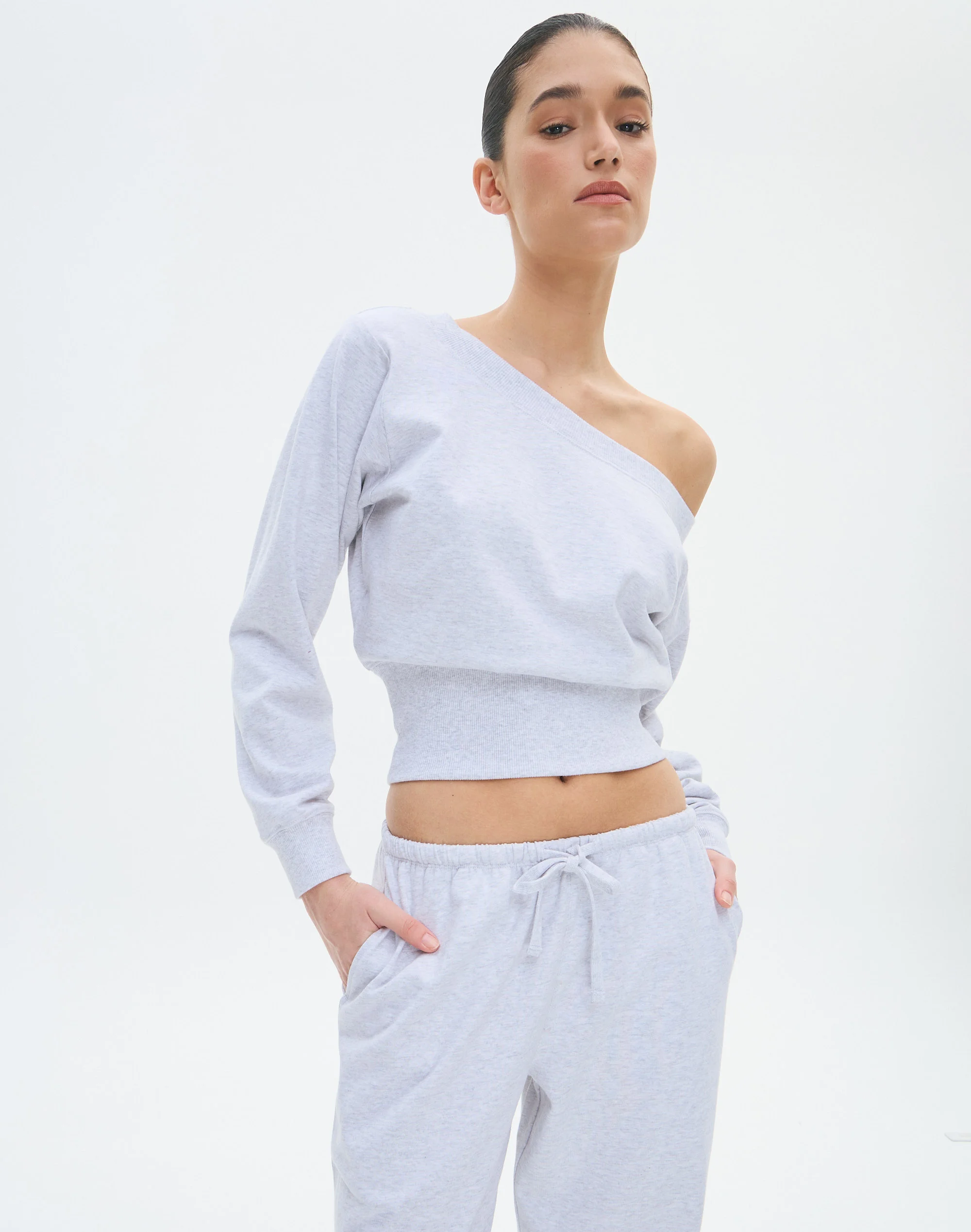 Cotton Off Shoulder Cinch Sweat Snow Marle