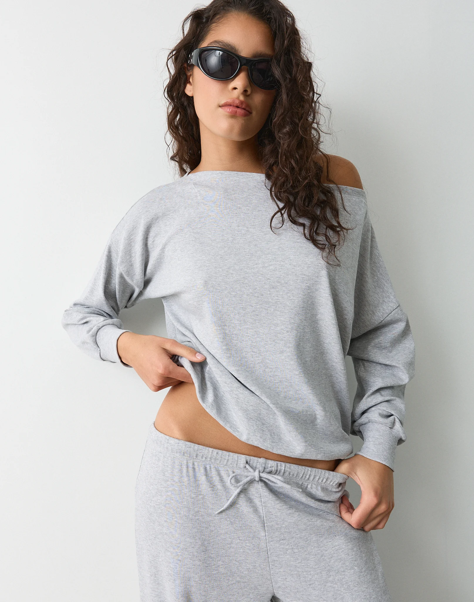 Relaxed Off Shoulder Top Pale Grey Marle