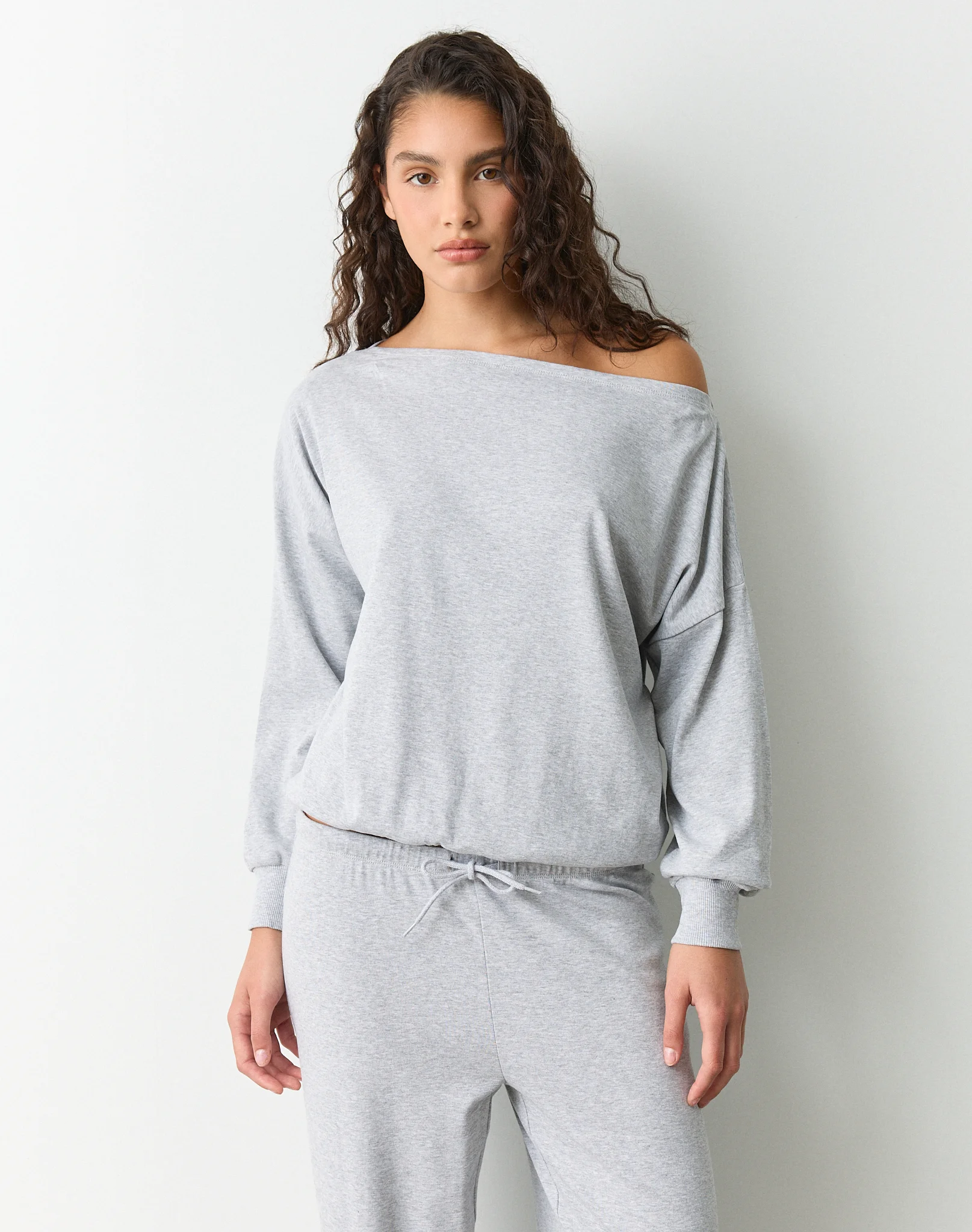 Relaxed Off Shoulder Top Pale Grey Marle