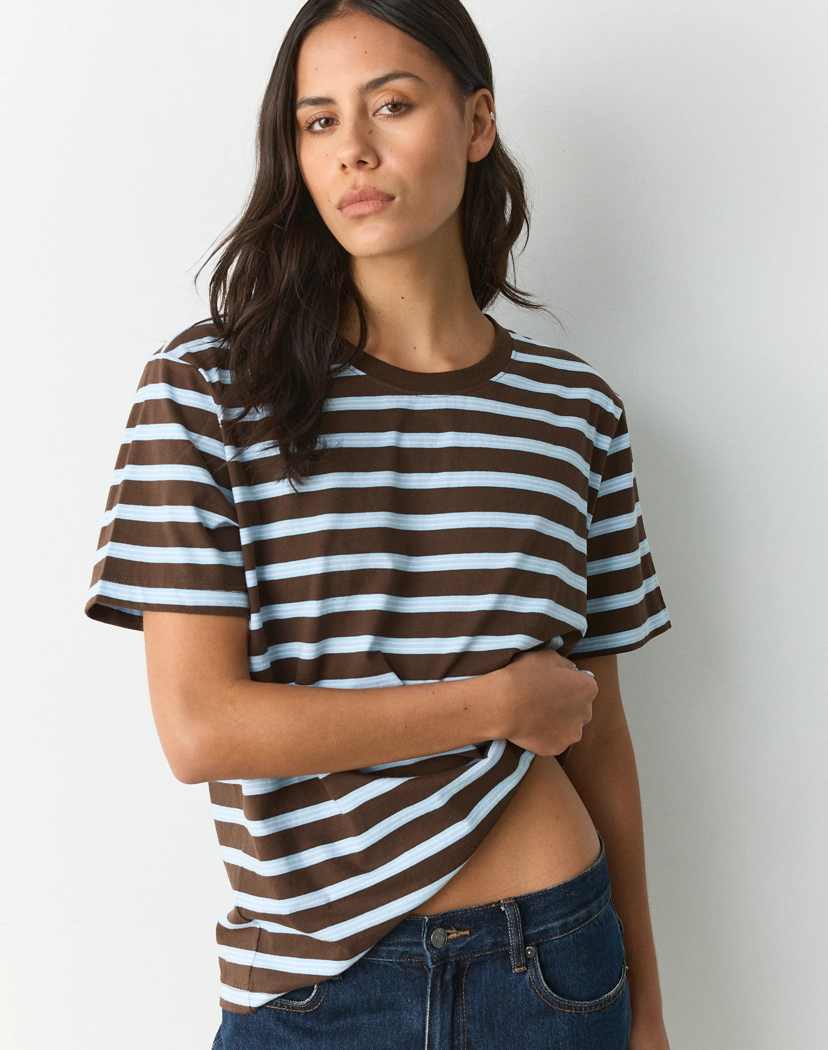 Cotton Oversized Boxy Tee Fudge Lara Stripe