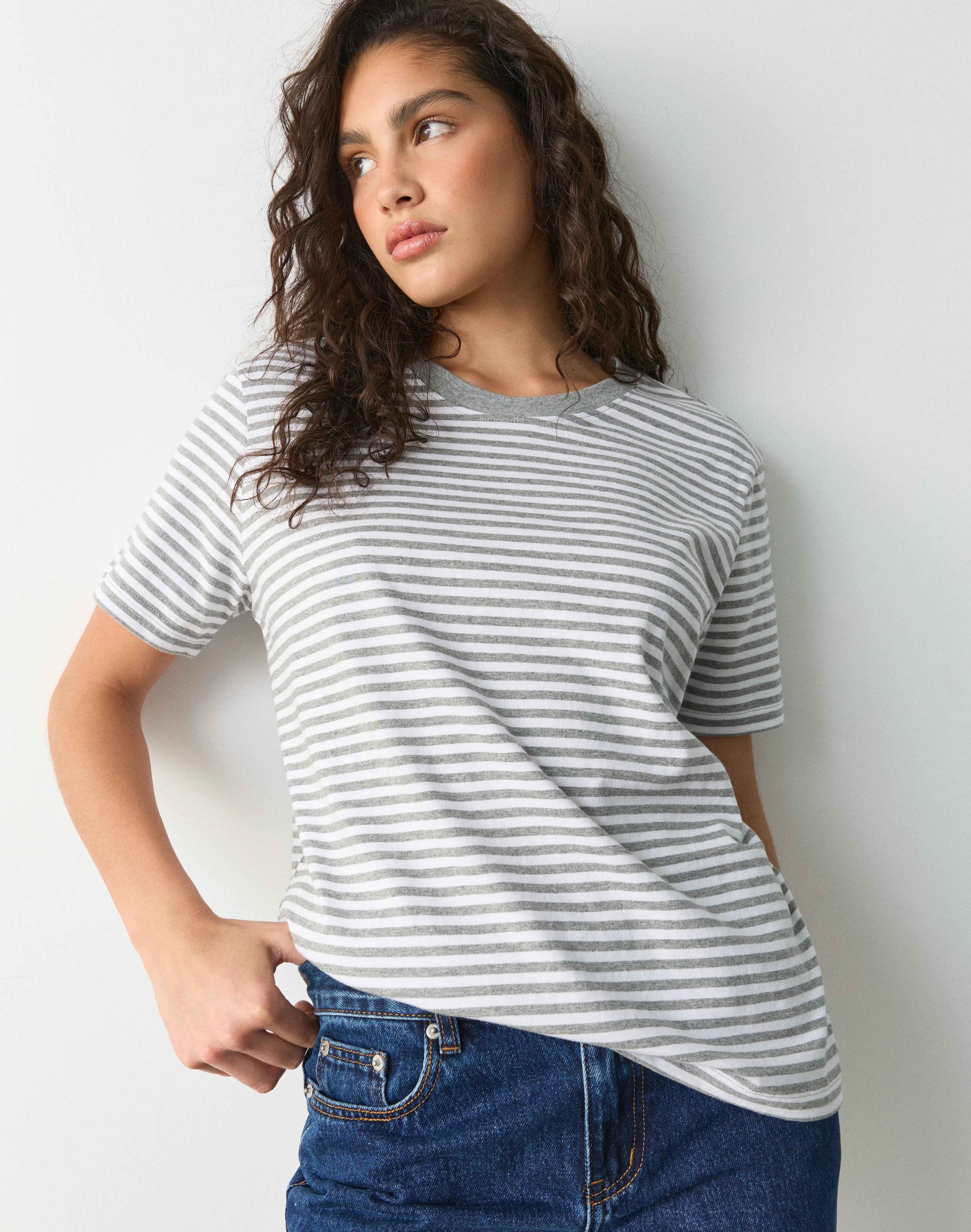 Cotton Oversized Boxy Tee Grey White Bella Stripe