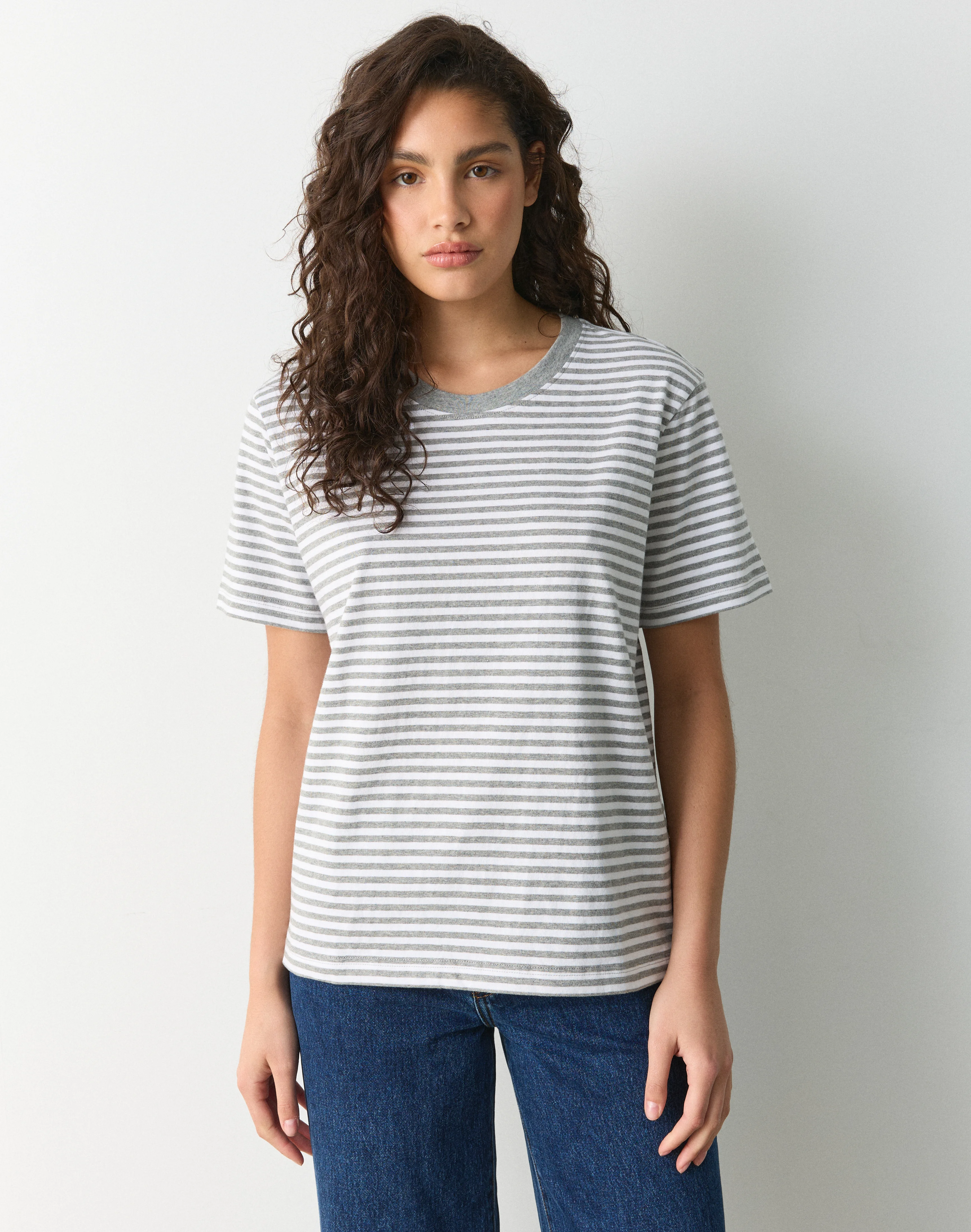 Cotton Oversized Boxy Tee Grey White Bella Stripe